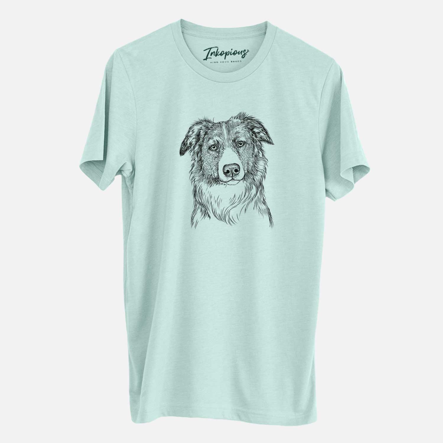 Hand-drawn sketch of Cynder the English Shepherd on a Heather Sage Unisex crewneck
