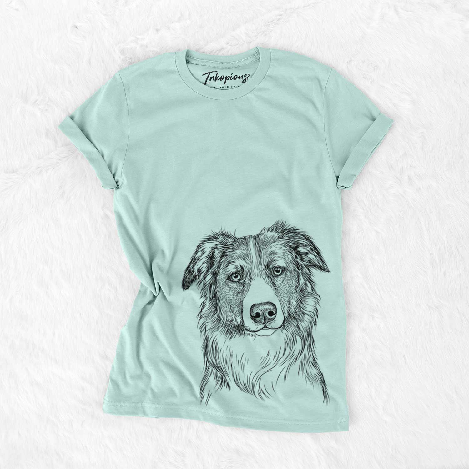 Hand-drawn sketch of Cynder the English Shepherd on a Heather Sage Unisex crewneck
