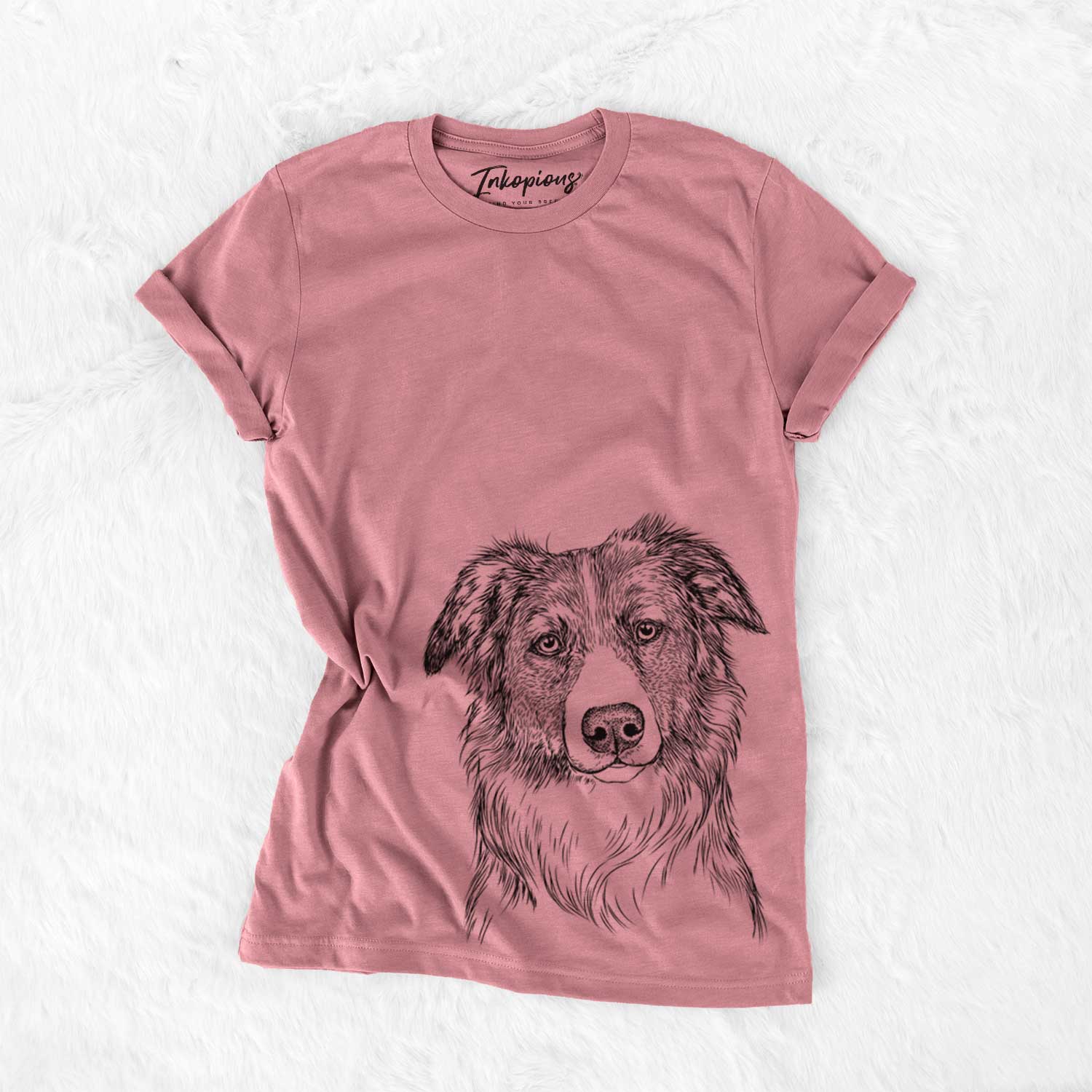 Hand-drawn sketch of Cynder the English Shepherd on a Mauve Unisex crewneck