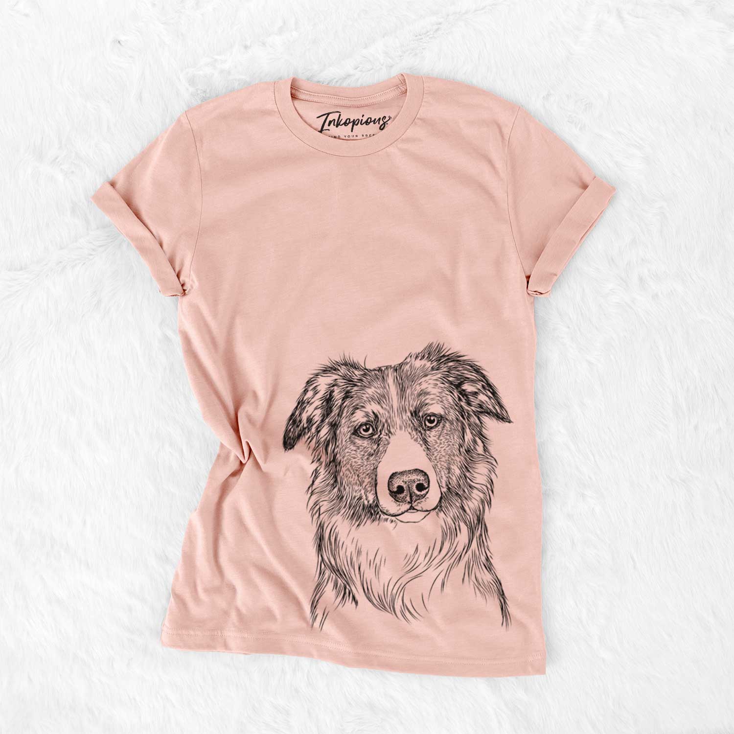 Hand-drawn sketch of Cynder the English Shepherd on a Peach Bella Canvas Unisex Crewneck