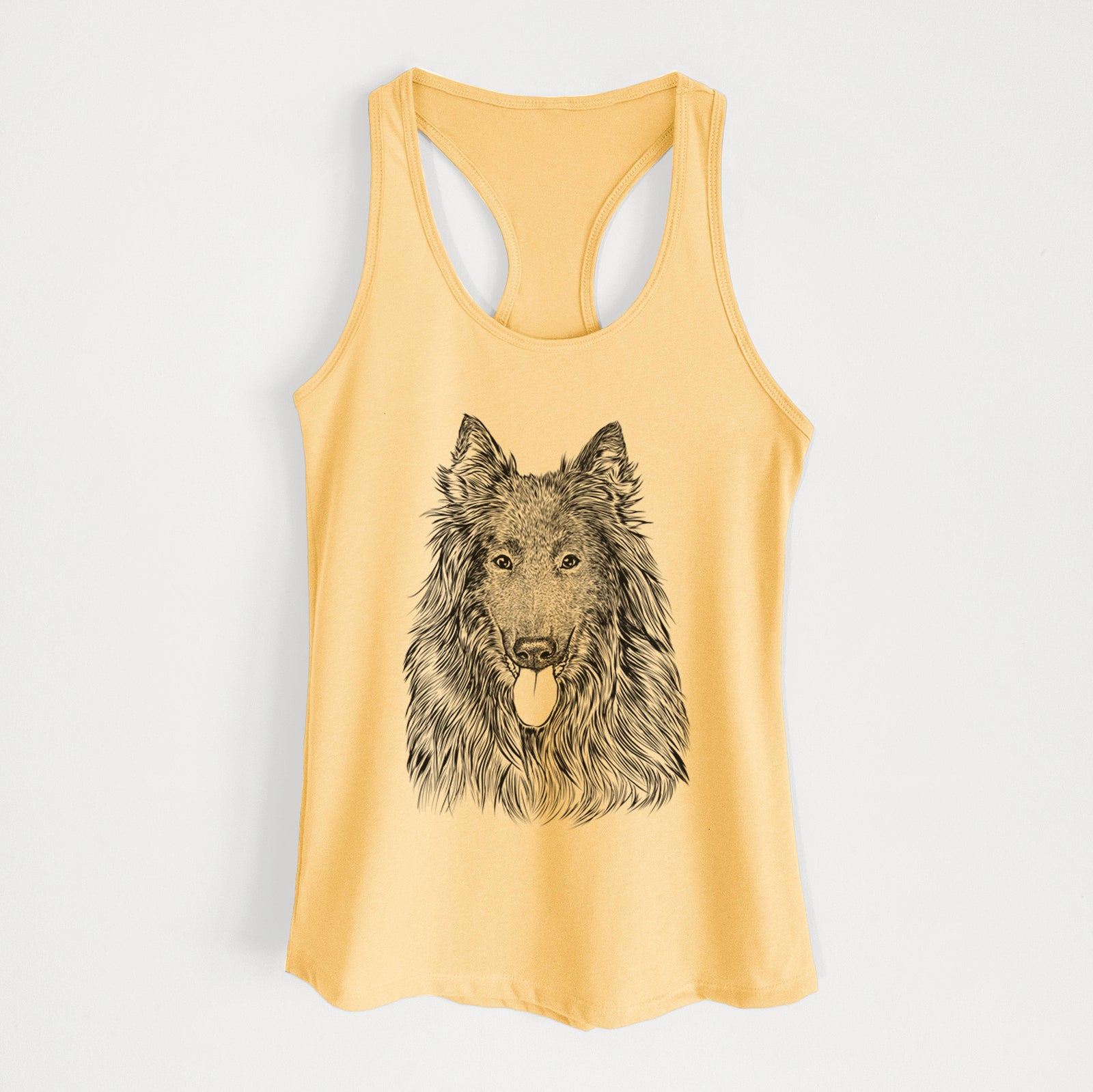Hand-drawn sketch of Daan the Belgian Shepherd on a Banana Cream Women's racerback tanktop