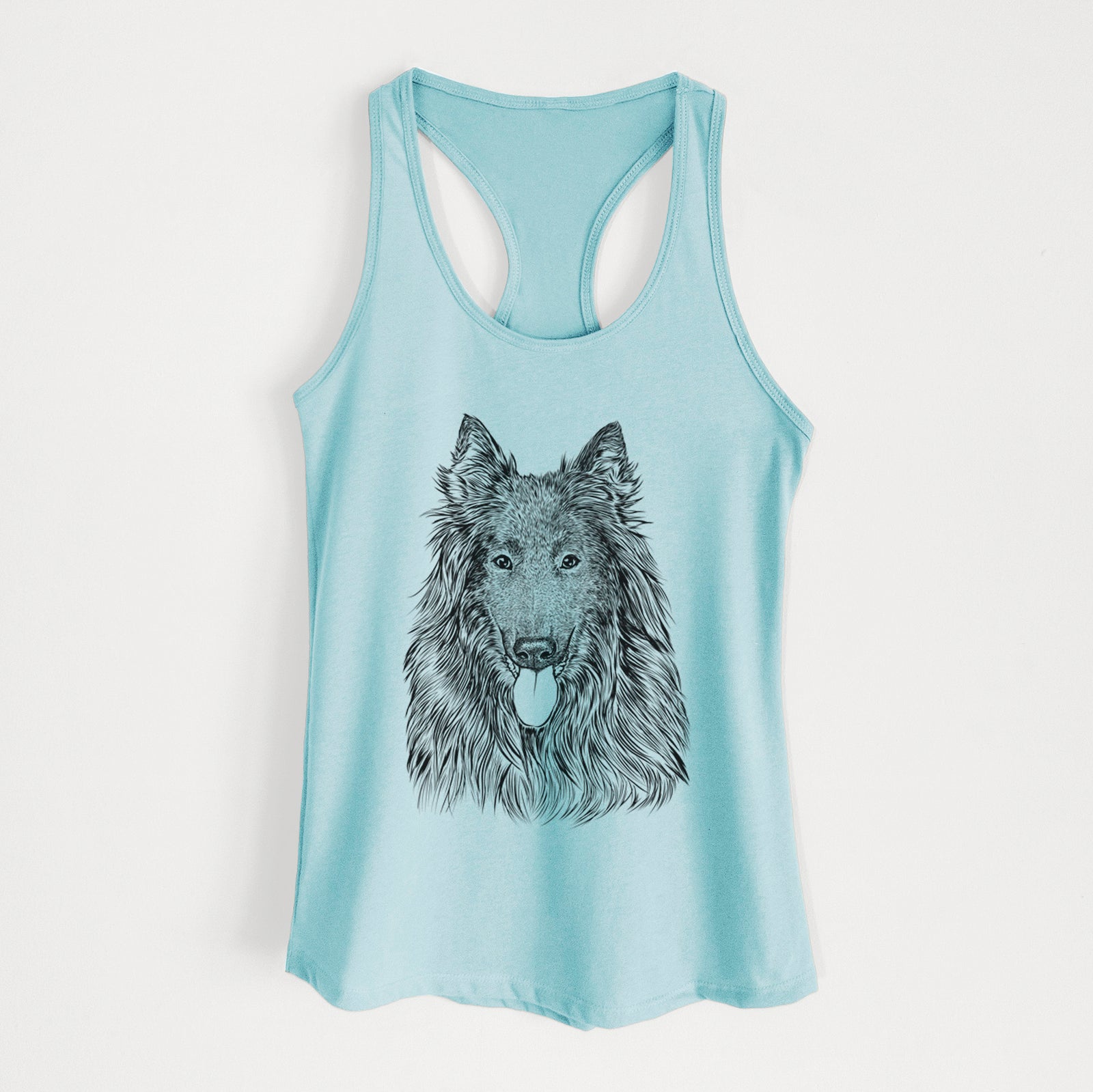 Hand-drawn sketch of Daan the Belgian Shepherd on a Cancun Blue Women's racerback tanktop