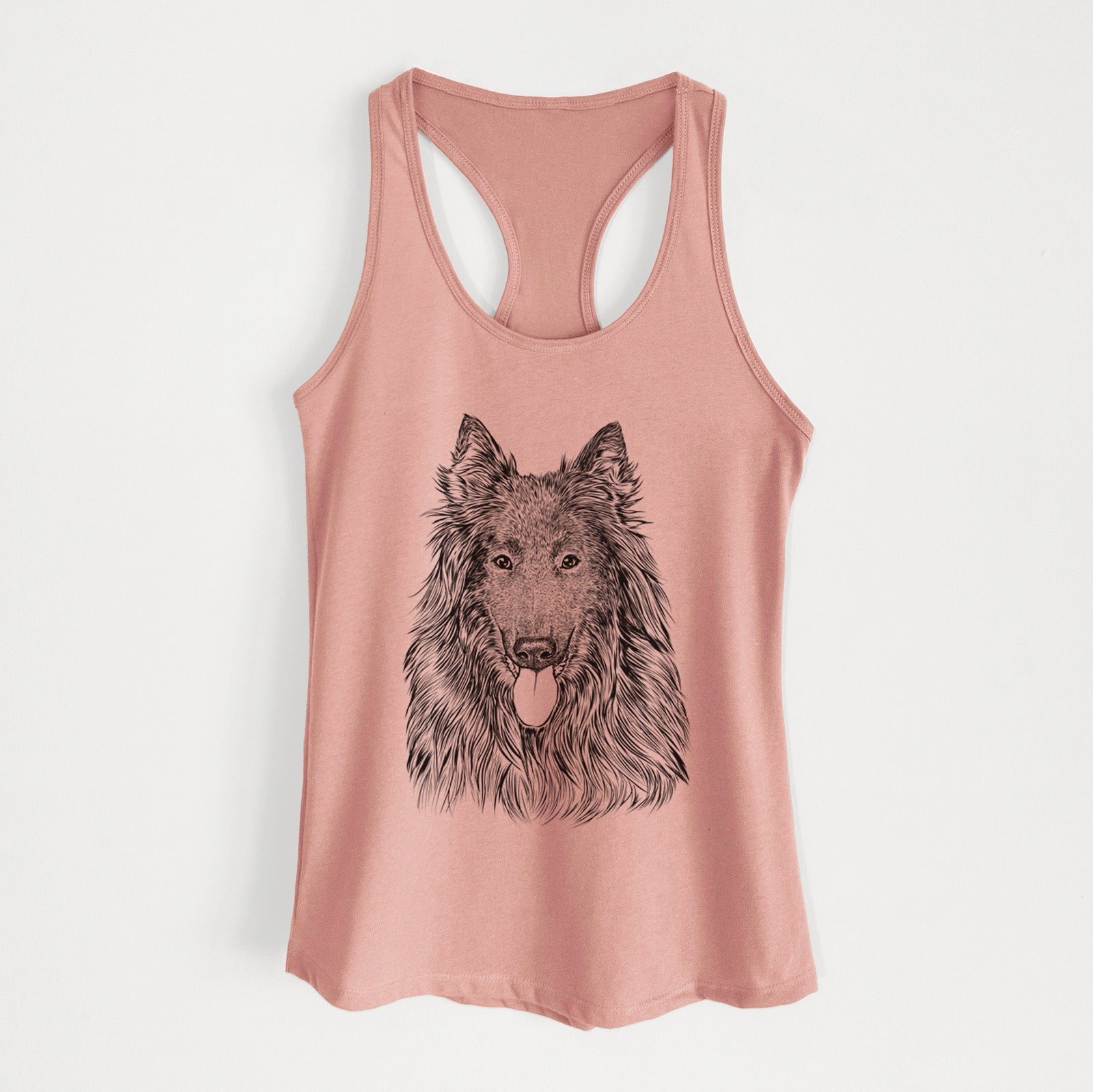 Hand-drawn sketch of Daan the Belgian Shepherd on a Desert Pink Women's racerback tanktop