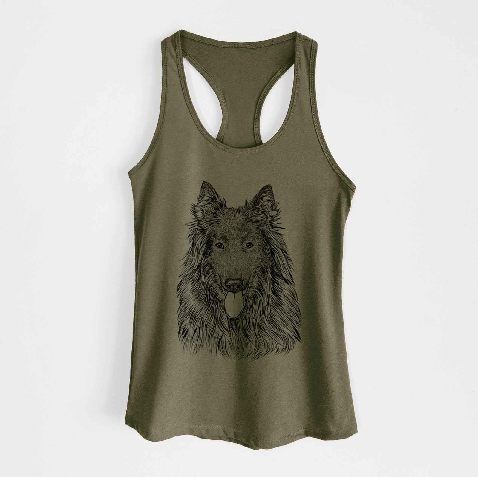 Hand-drawn sketch of Daan the Belgian Shepherd on a Military Green Women's racerback tanktop