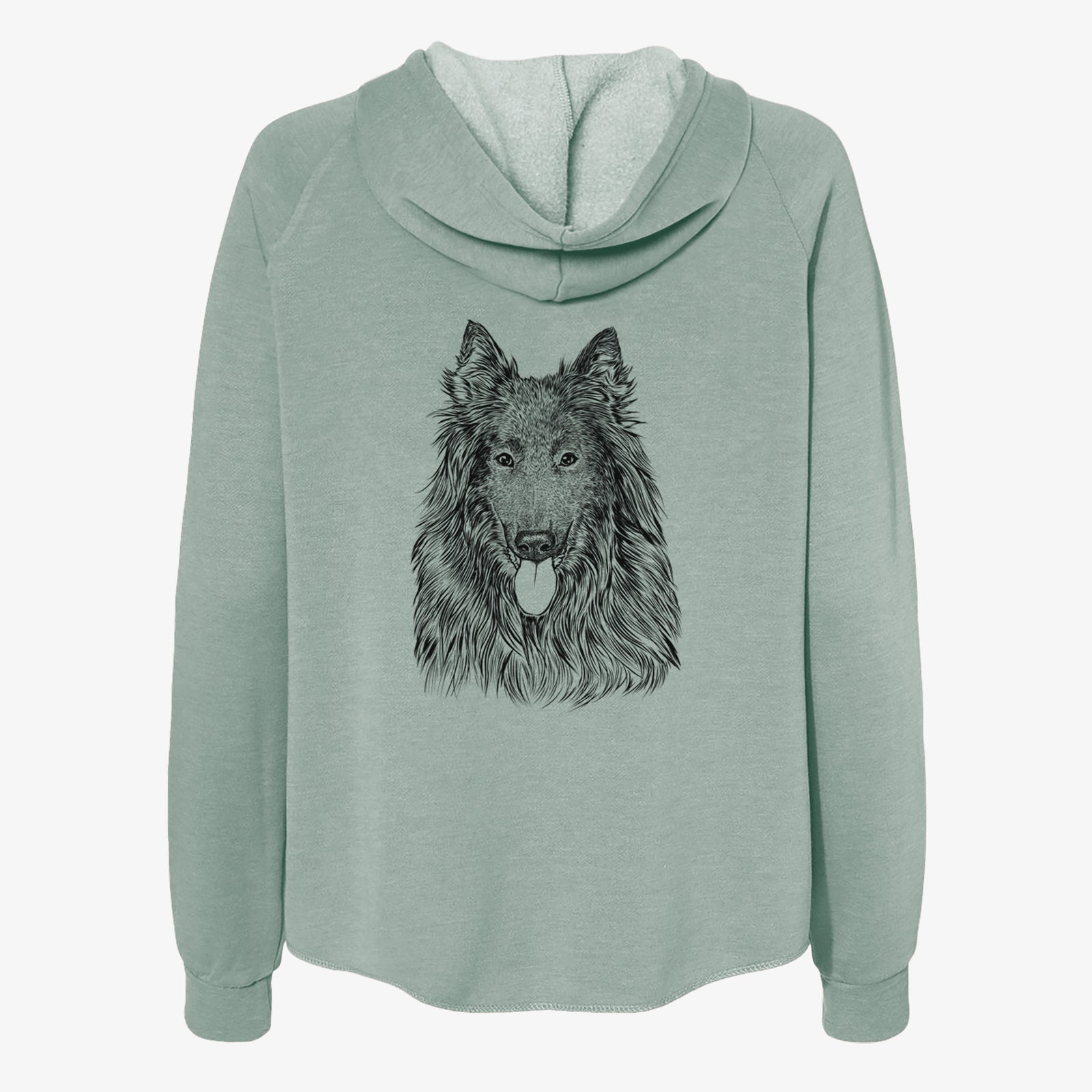 Hand-drawn sketch of Daan the Belgian Shepherd on a Sage Women's cali wave zip-up sweatshirt