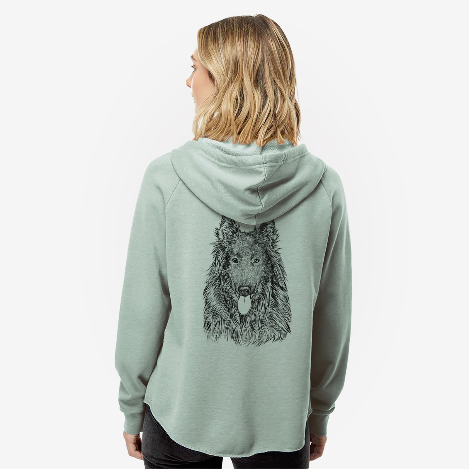 Hand-drawn sketch of Daan the Belgian Shepherd on a Sage Women's cali wave zip-up sweatshirt