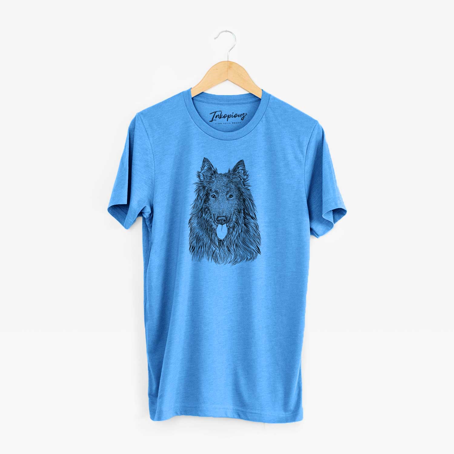 Hand-drawn sketch of Daan the Belgian Shepherd on a Blue Unisex crewneck