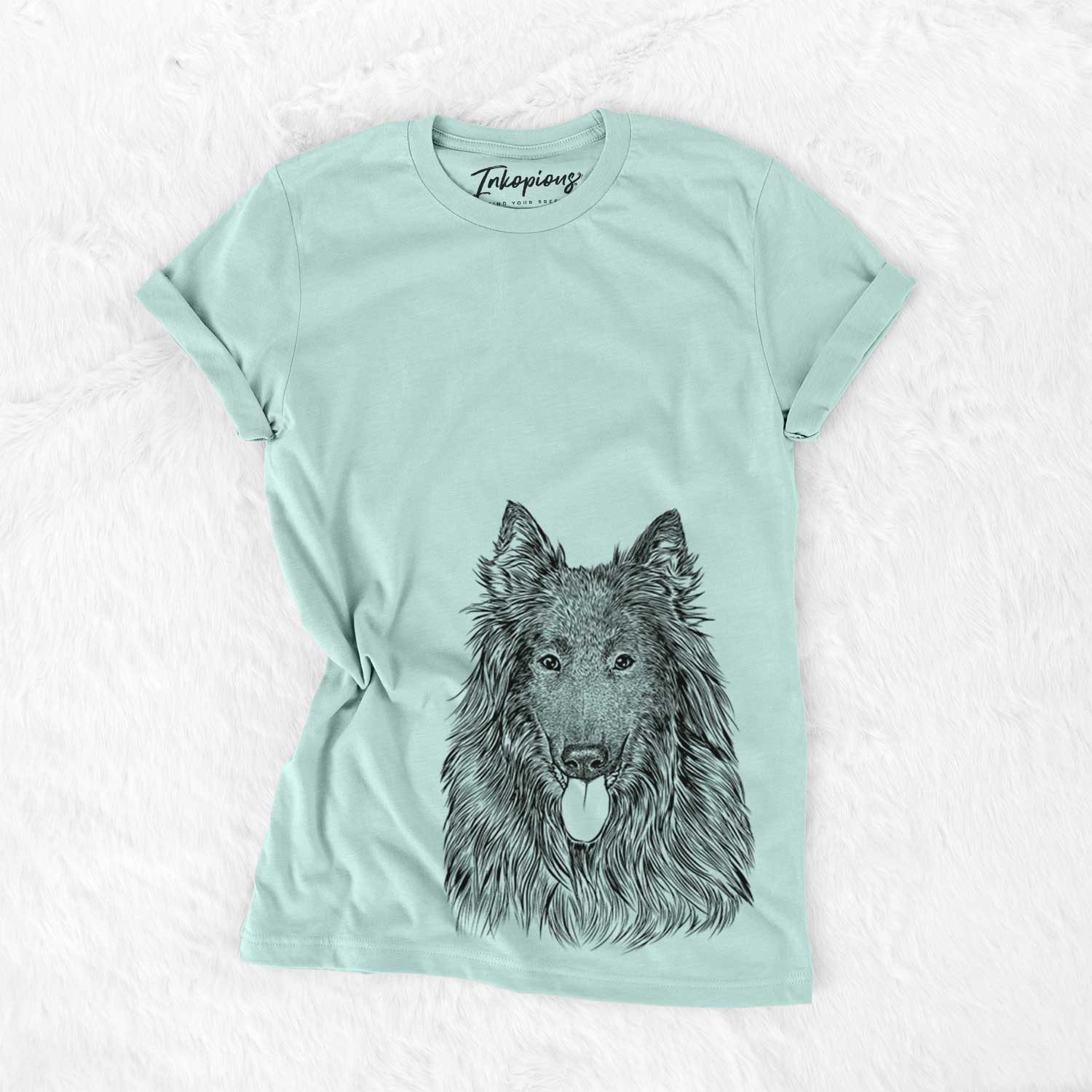 Hand-drawn sketch of Daan the Belgian Shepherd on a Heather Sage Unisex crewneck