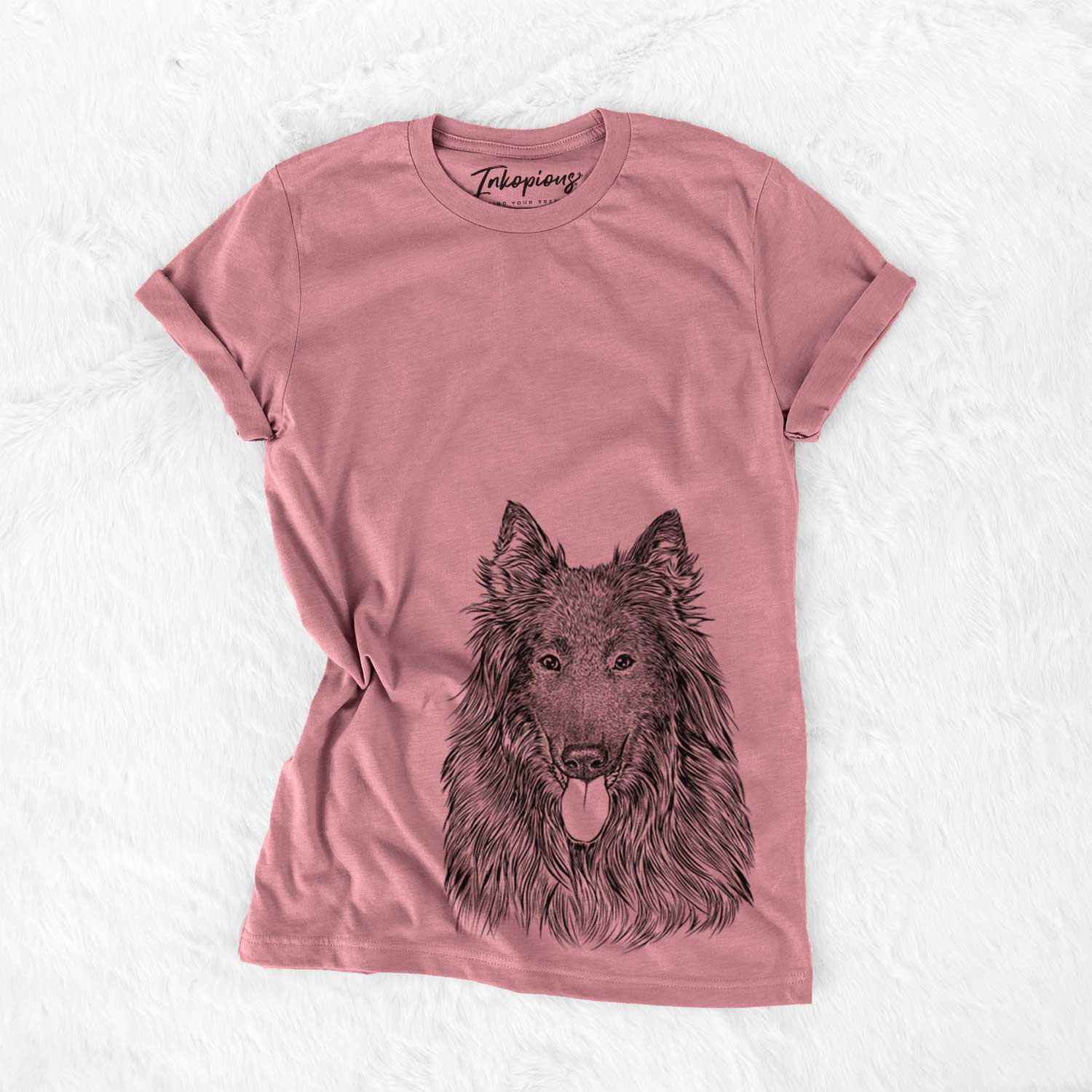 Hand-drawn sketch of Daan the Belgian Shepherd on a Mauve Unisex crewneck