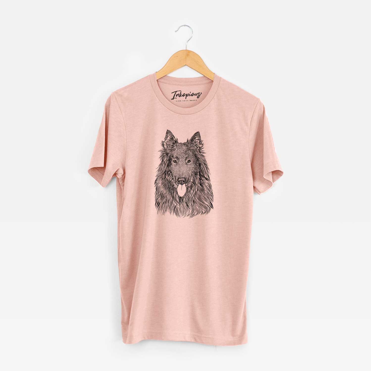 Hand-drawn sketch of Daan the Belgian Shepherd on a Peach Unisex crewneck