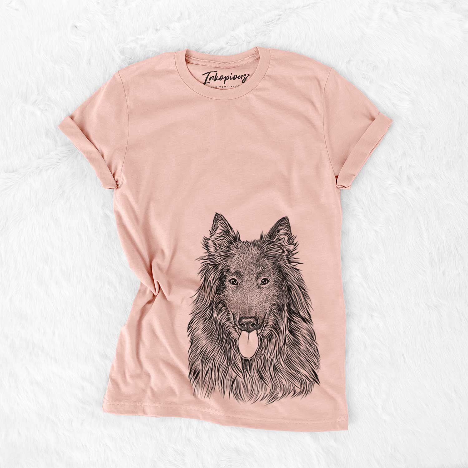 Hand-drawn sketch of Daan the Belgian Shepherd on a Peach Bella Canvas Unisex Crewneck