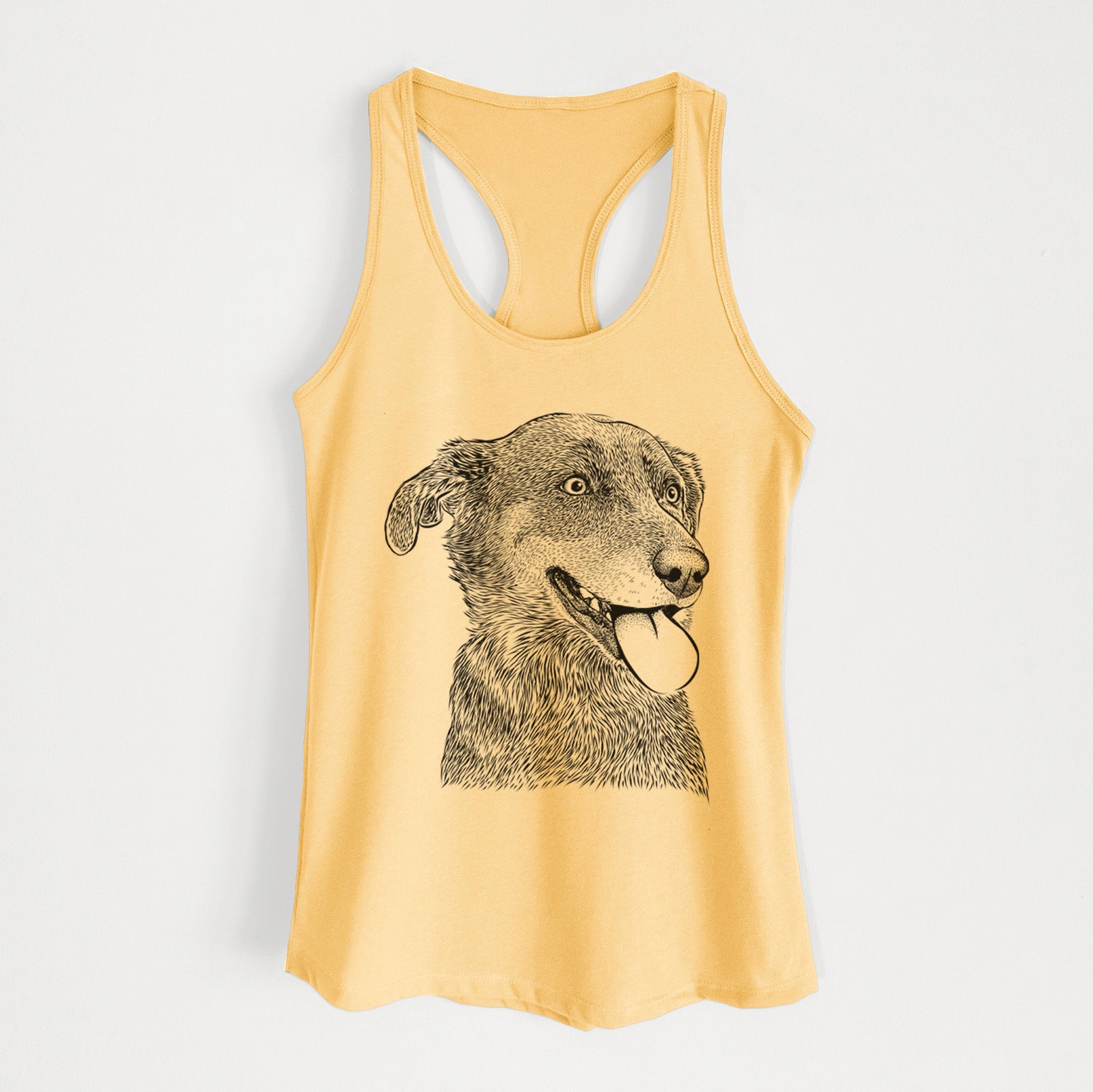 Hand-drawn sketch of Daisy the Australian Shepherd Mix on a Banana Cream Women's racerback tanktop