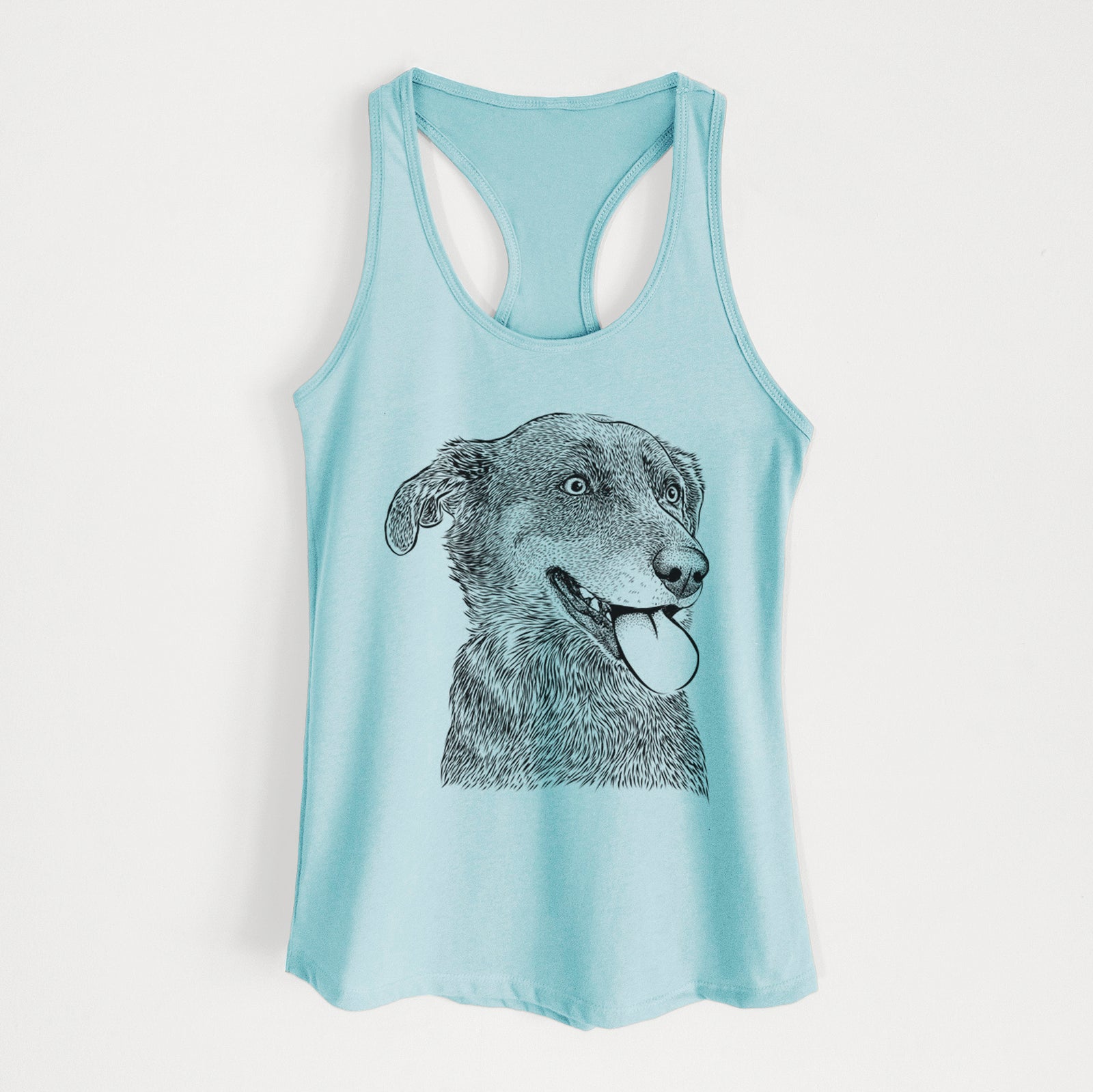 Hand-drawn sketch of Daisy the Australian Shepherd Mix on a Cancun Blue Women's racerback tanktop