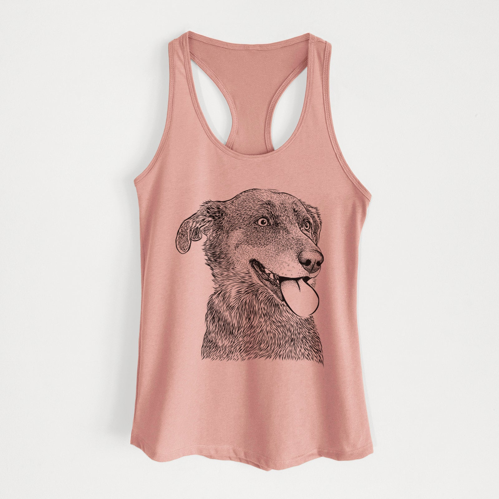 Hand-drawn sketch of Daisy the Australian Shepherd Mix on a Desert Pink Women's racerback tanktop