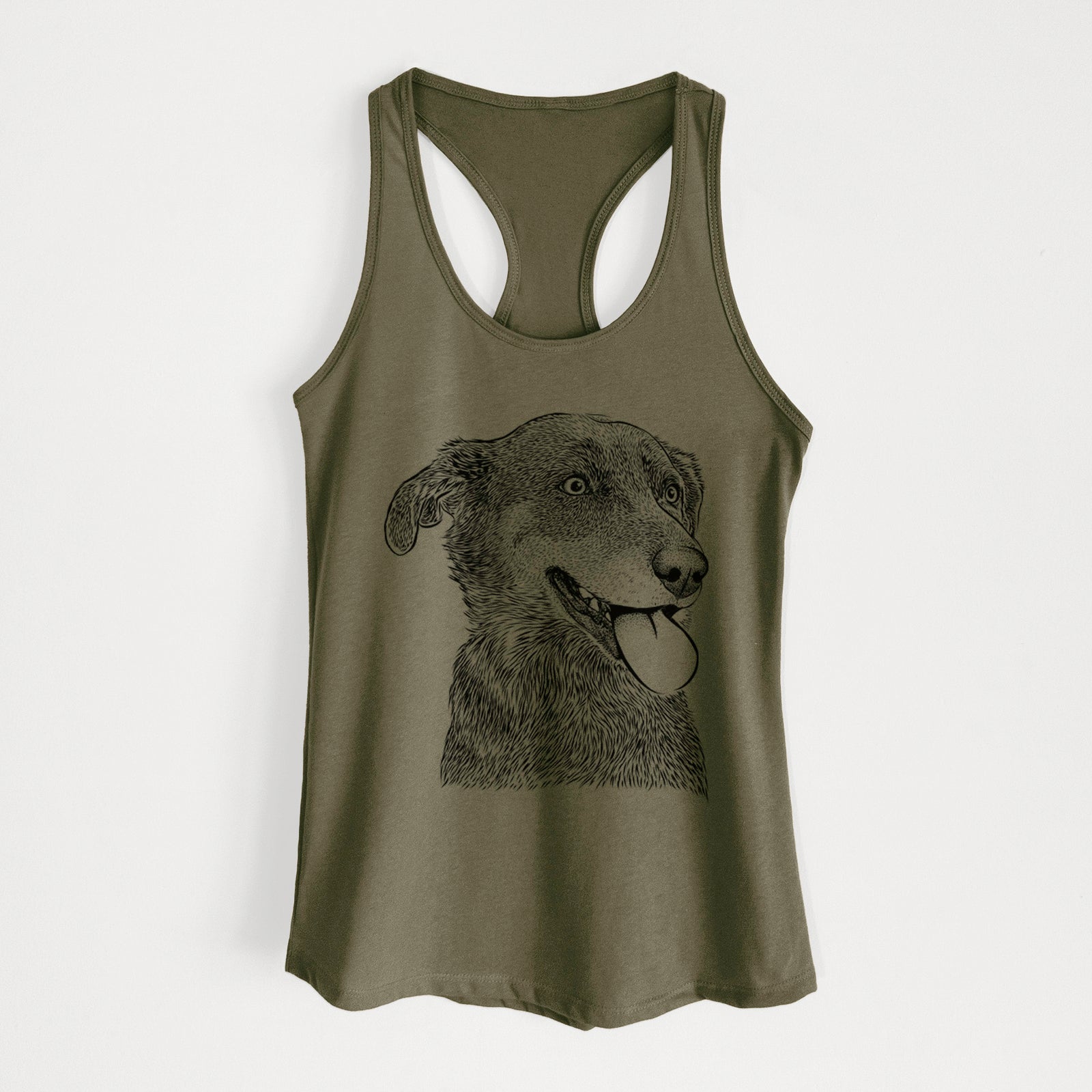 Hand-drawn sketch of Daisy the Australian Shepherd Mix on a Military Green Women's racerback tanktop