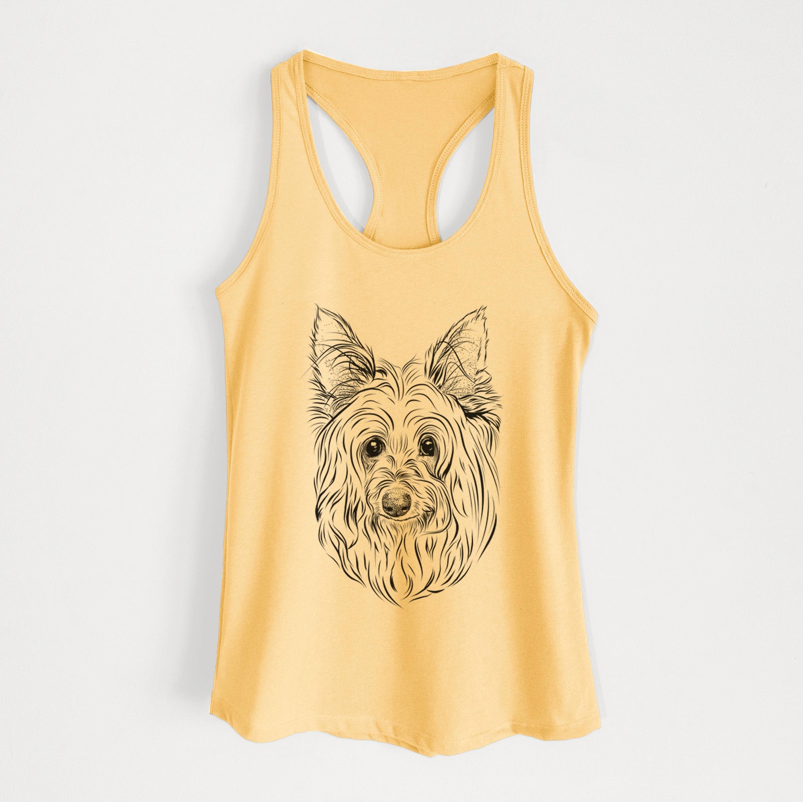 Hand-drawn sketch of Daisy May the Silky Terrier on a Banana Cream Women's racerback tanktop