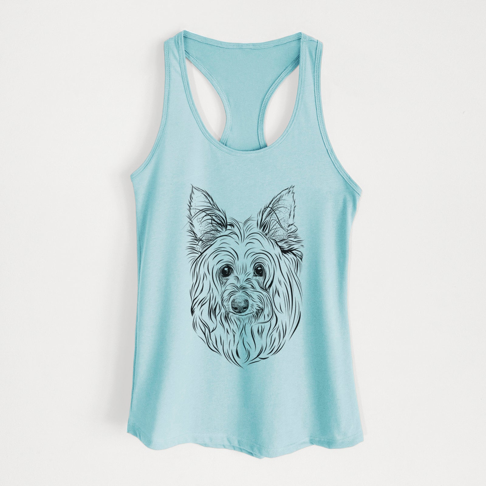 Hand-drawn sketch of Daisy May the Silky Terrier on a Cancun Blue Women's racerback tanktop