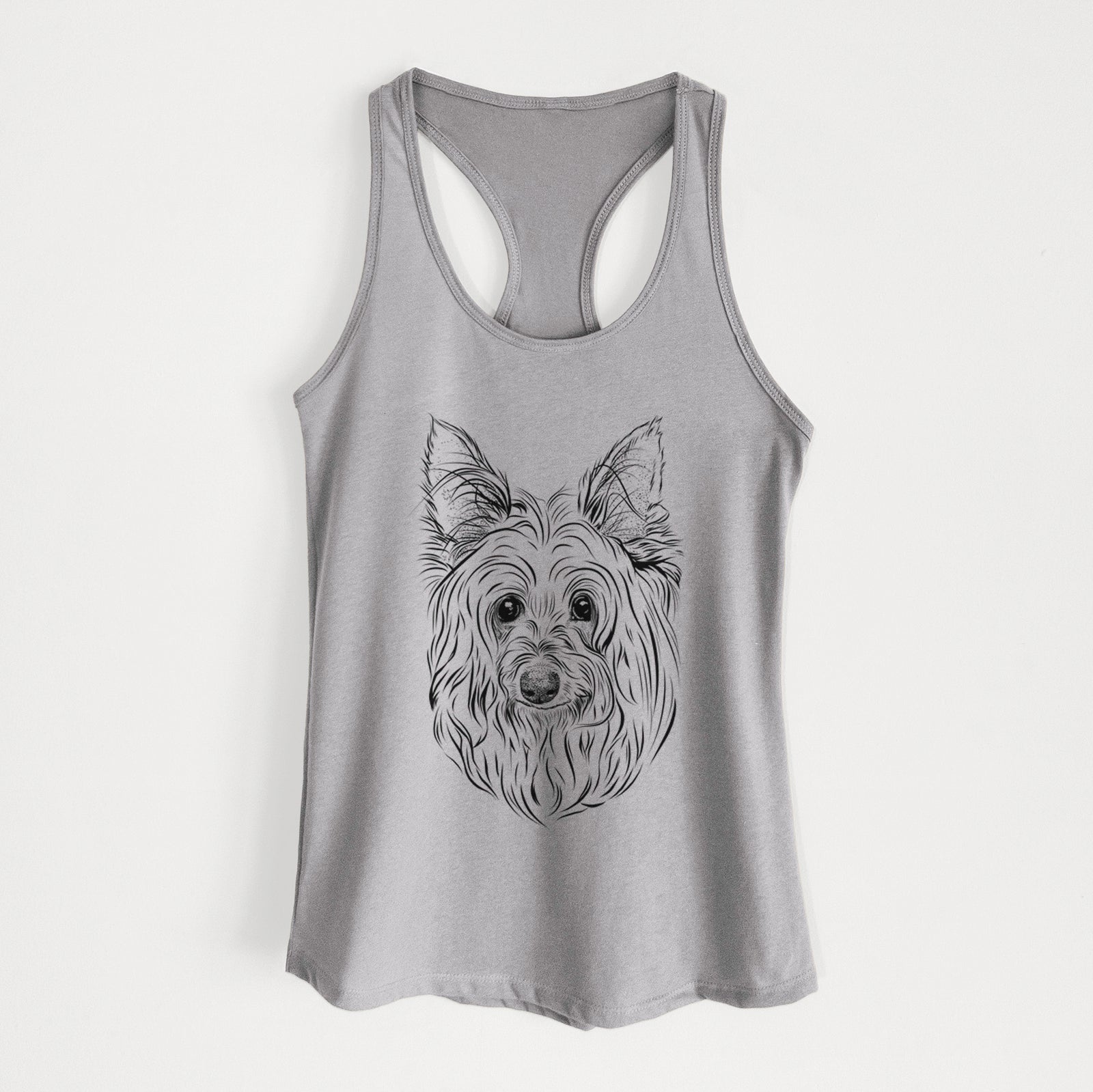 Hand-drawn sketch of Daisy May the Silky Terrier on a Heather Grey Women's racerback tanktop