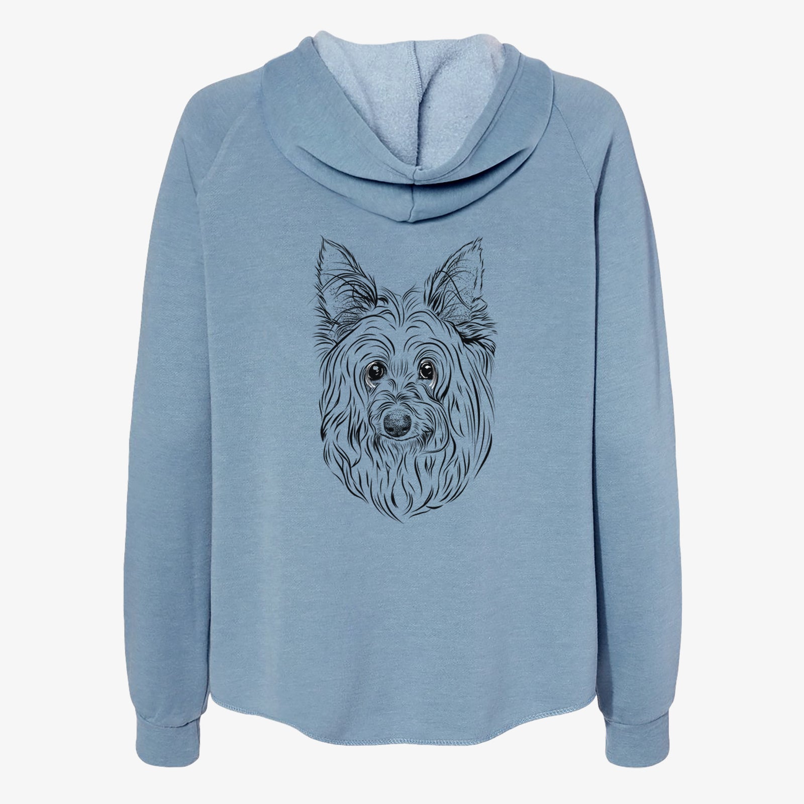 Hand-drawn sketch of Daisy May the Silky Terrier on a Misty Blue Women's cali wave zip-up sweatshirt