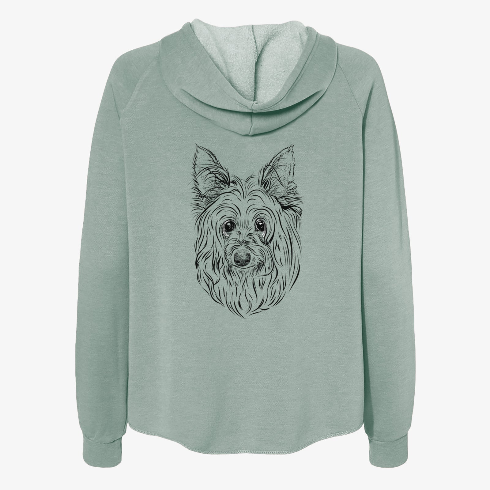 Hand-drawn sketch of Daisy May the Silky Terrier on a Sage Women's cali wave zip-up sweatshirt