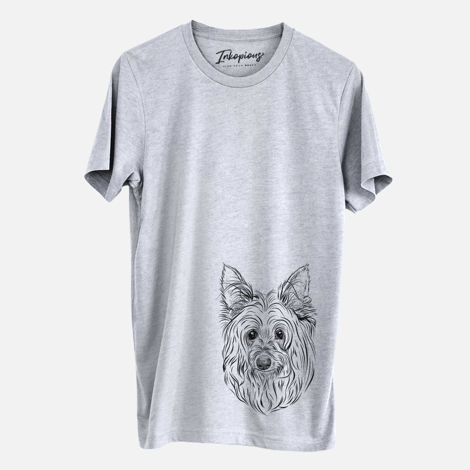 Hand-drawn sketch of Daisy May the Silky Terrier on a Grey Unisex crewneck