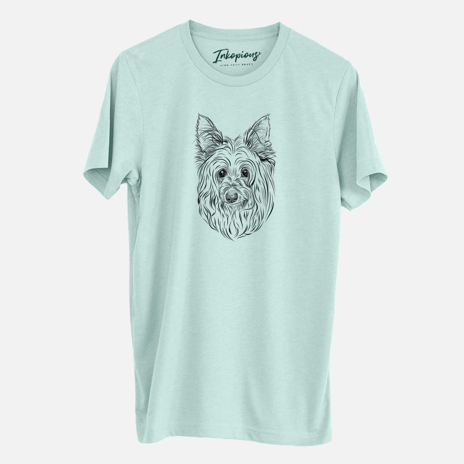 Hand-drawn sketch of Daisy May the Silky Terrier on a Heather Sage Unisex crewneck