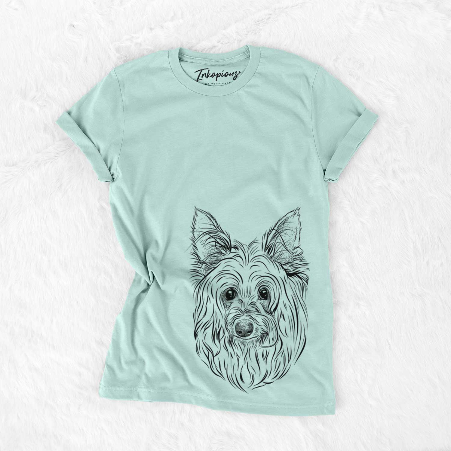 Hand-drawn sketch of Daisy May the Silky Terrier on a Heather Sage Unisex crewneck