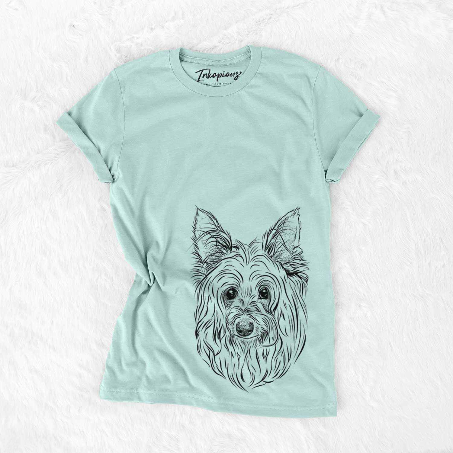 Hand-drawn sketch of Daisy May the Silky Terrier on a Heather Sage Bella Canvas Unisex Crewneck