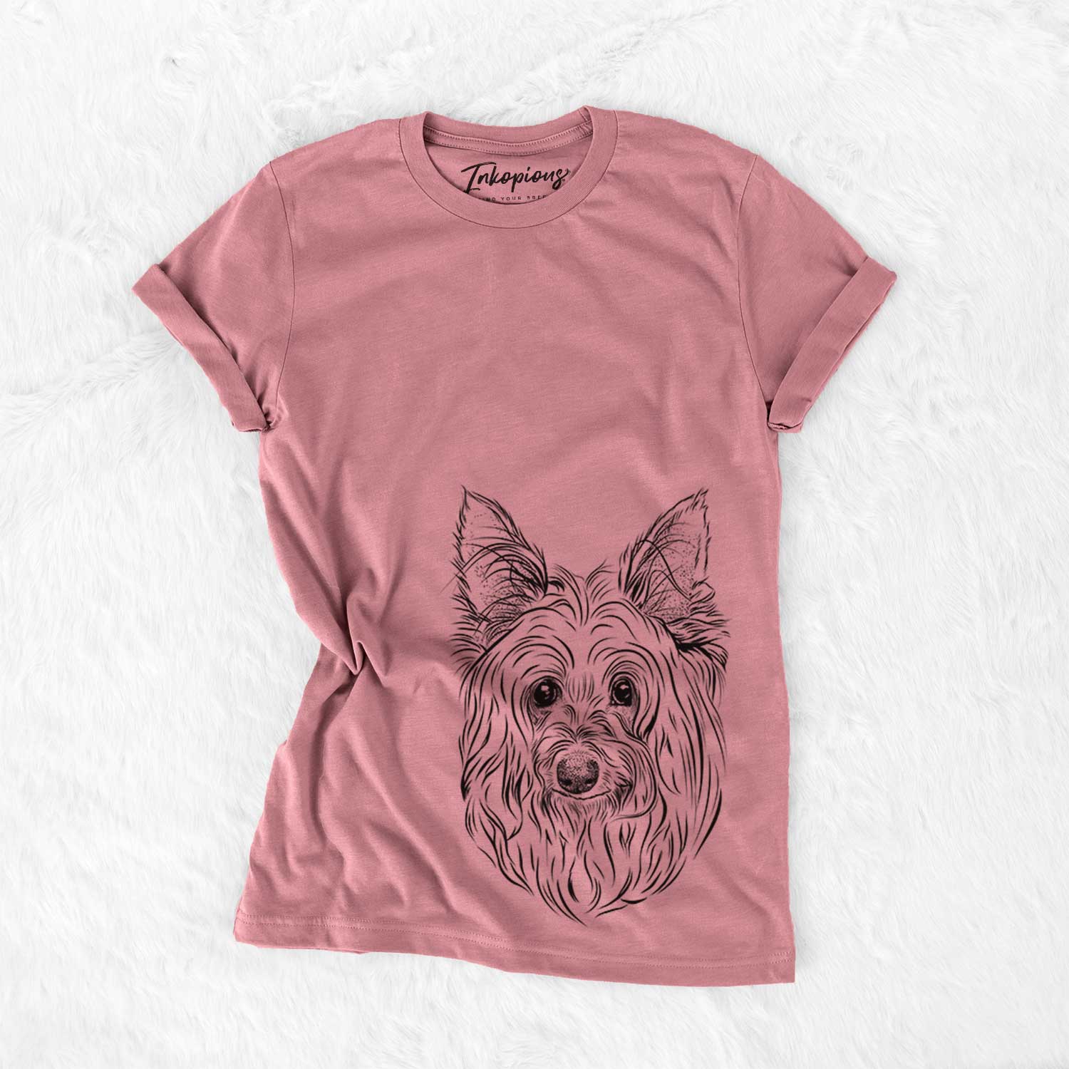 Hand-drawn sketch of Daisy May the Silky Terrier on a Mauve Bella Canvas Unisex Crewneck