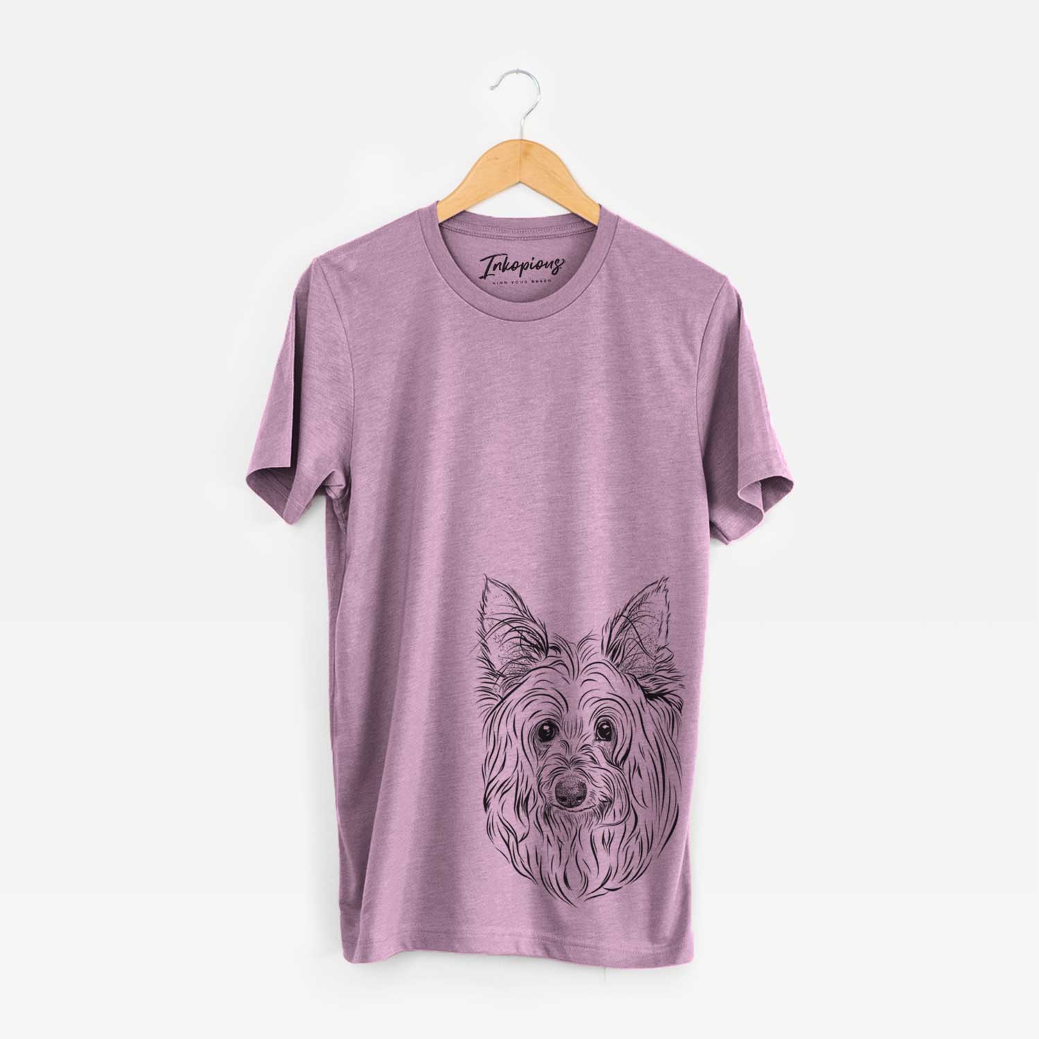 Hand-drawn sketch of Daisy May the Silky Terrier on an Orchid Unisex crewneck