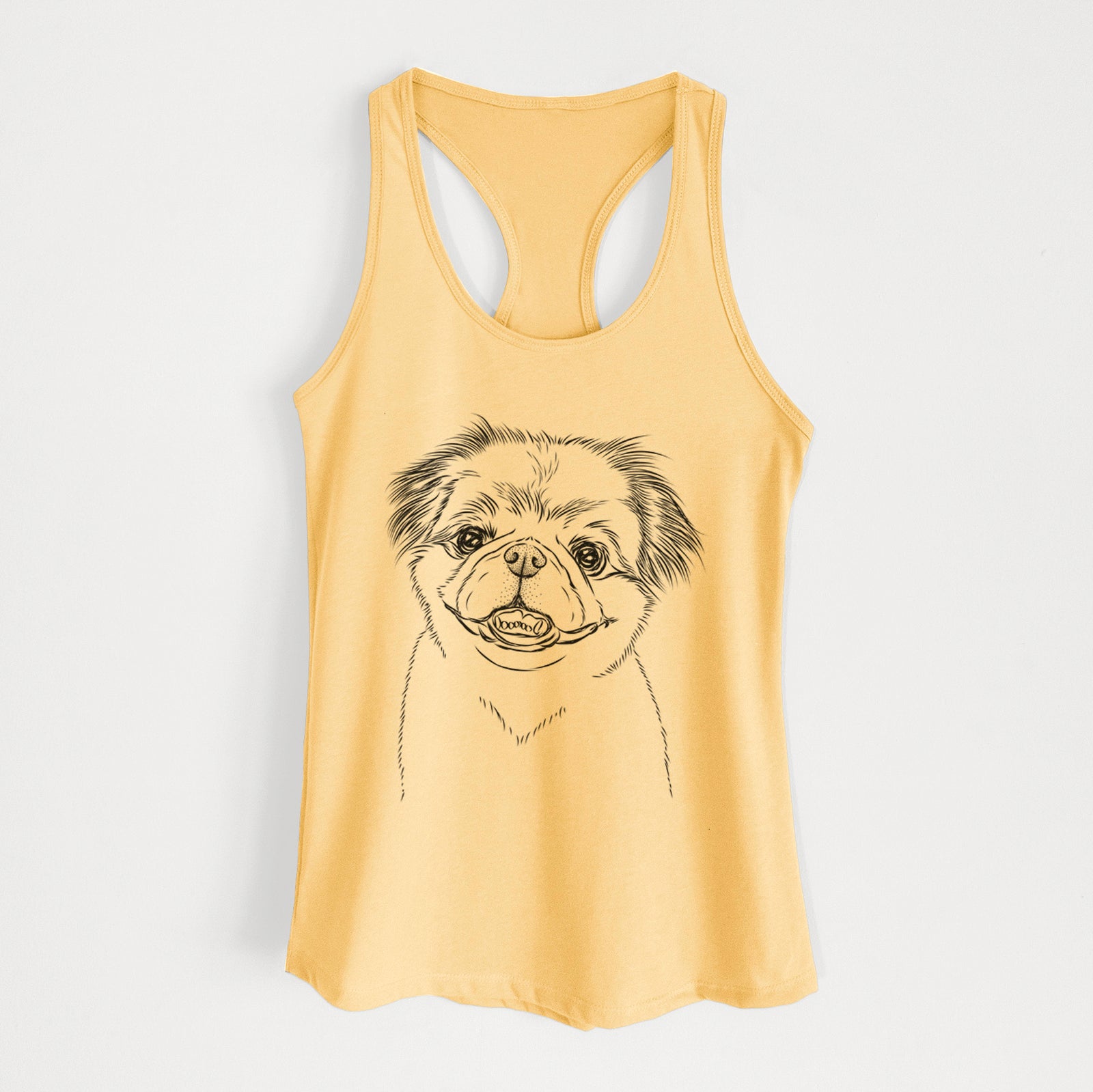 Hand-drawn sketch of Danny the Pekingese on a Banana Cream Women's racerback tanktop