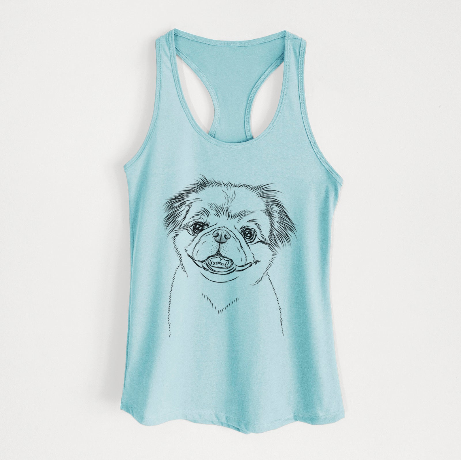 Hand-drawn sketch of Danny the Pekingese on a Cancun Blue Women's racerback tanktop
