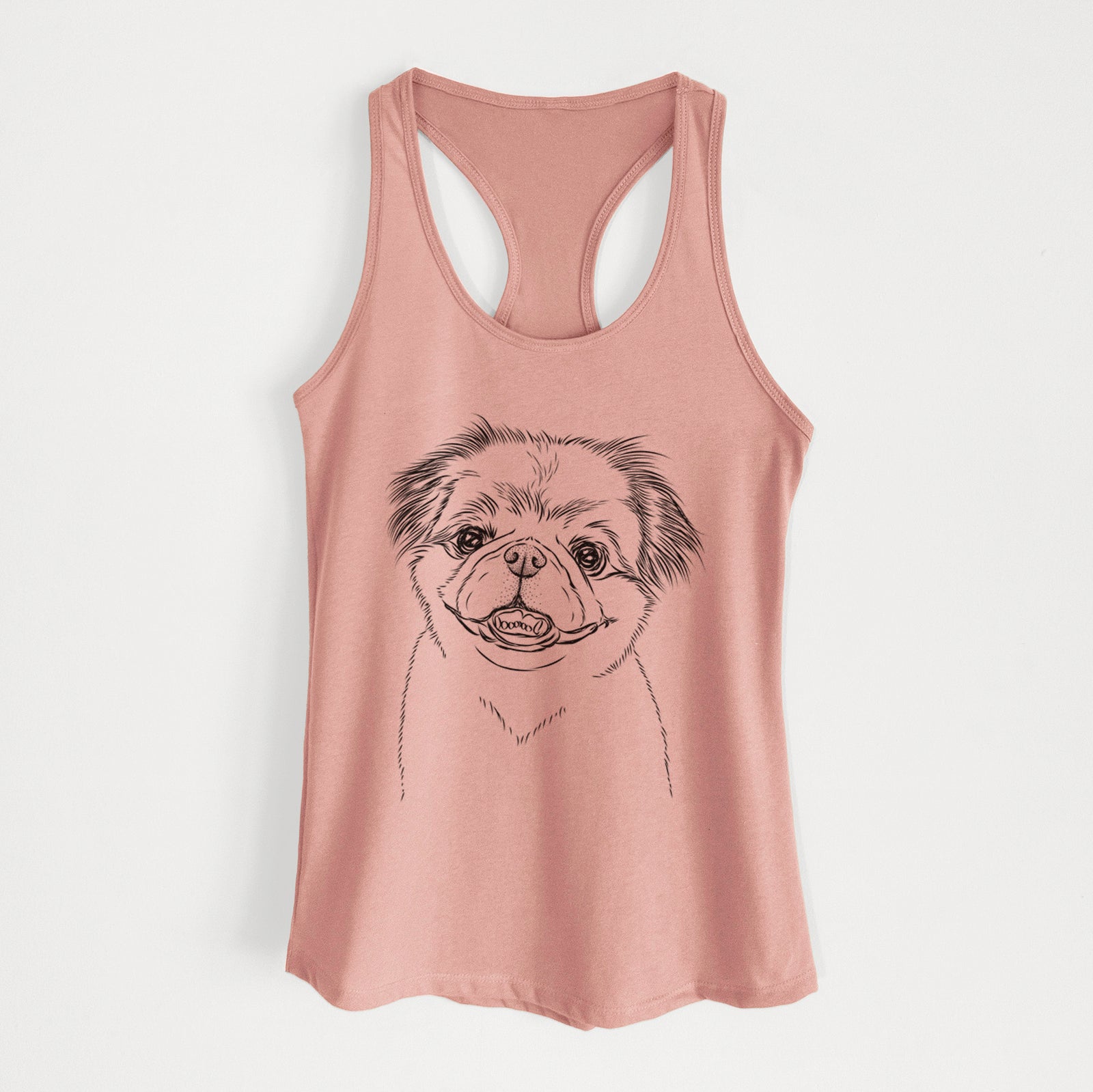 Hand-drawn sketch of Danny the Pekingese on a Desert Pink Women's racerback tanktop