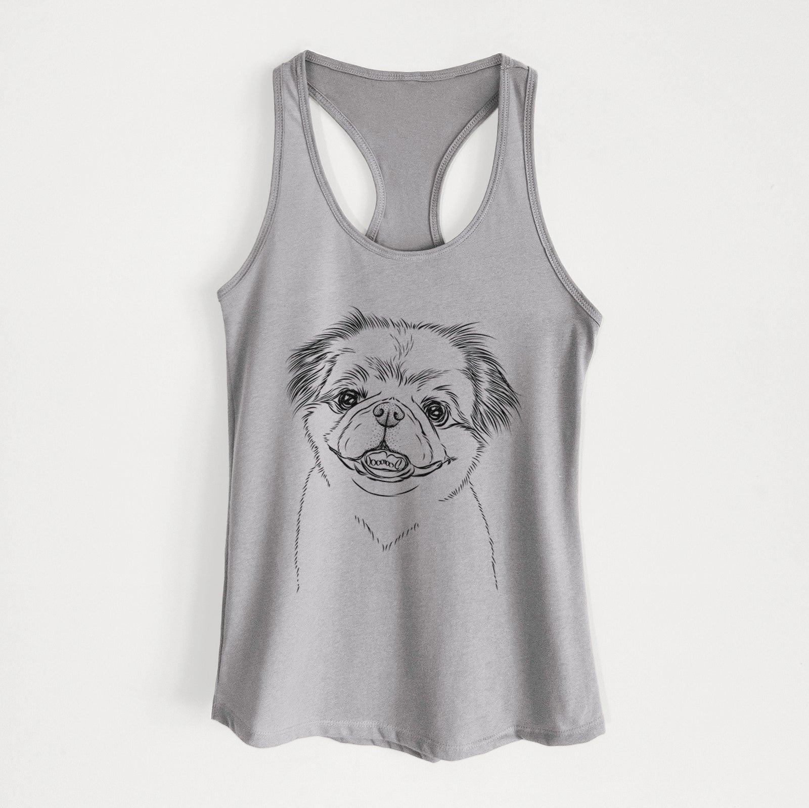 Hand-drawn sketch of Danny the Pekingese on a Heather Grey Women's racerback tanktop