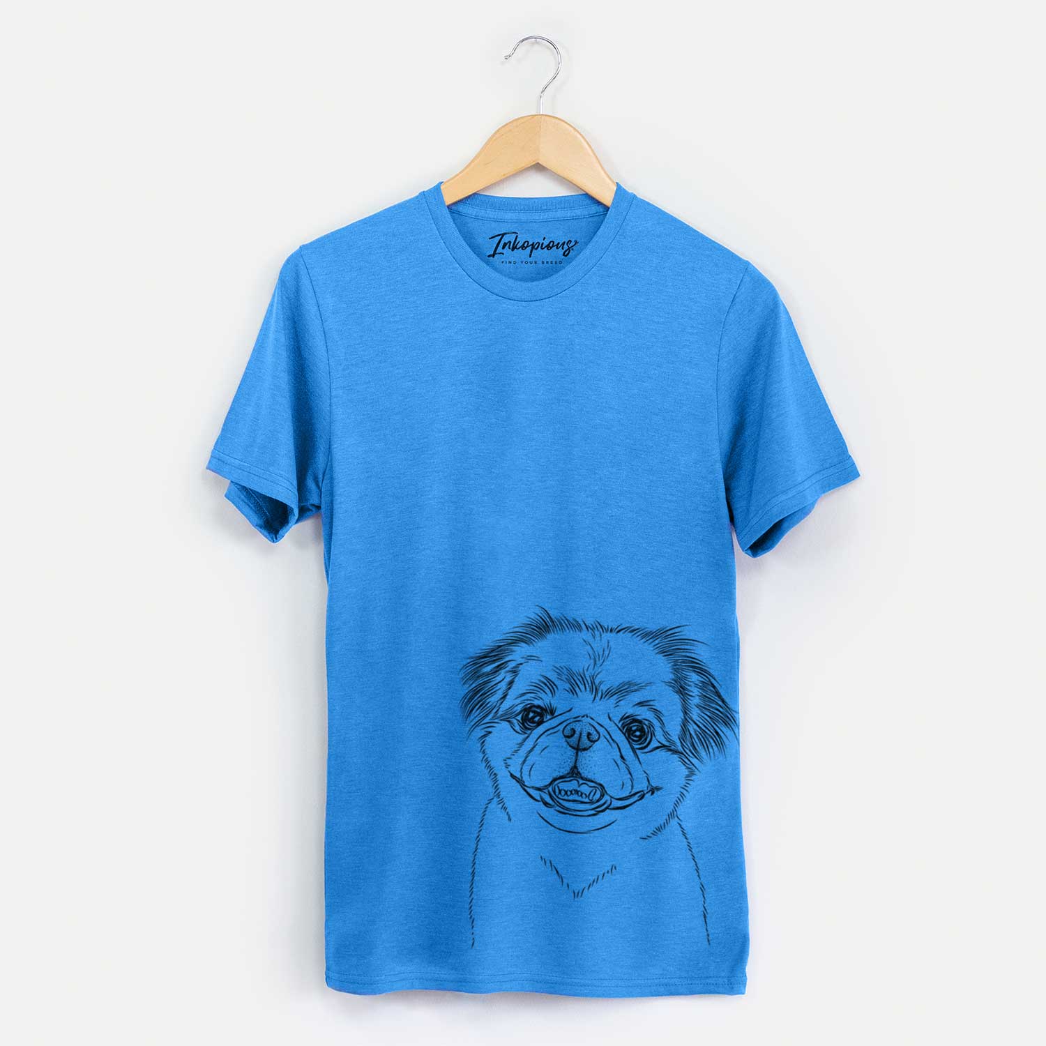 Hand-drawn sketch of Danny the Pekingese on a Blue Unisex crewneck