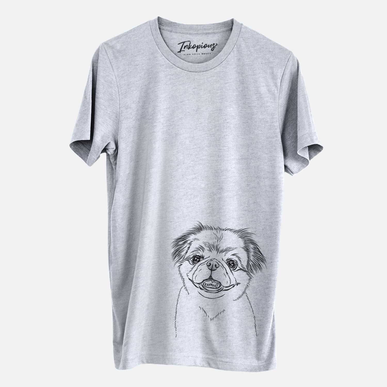 Hand-drawn sketch of Danny the Pekingese on a Grey Unisex crewneck