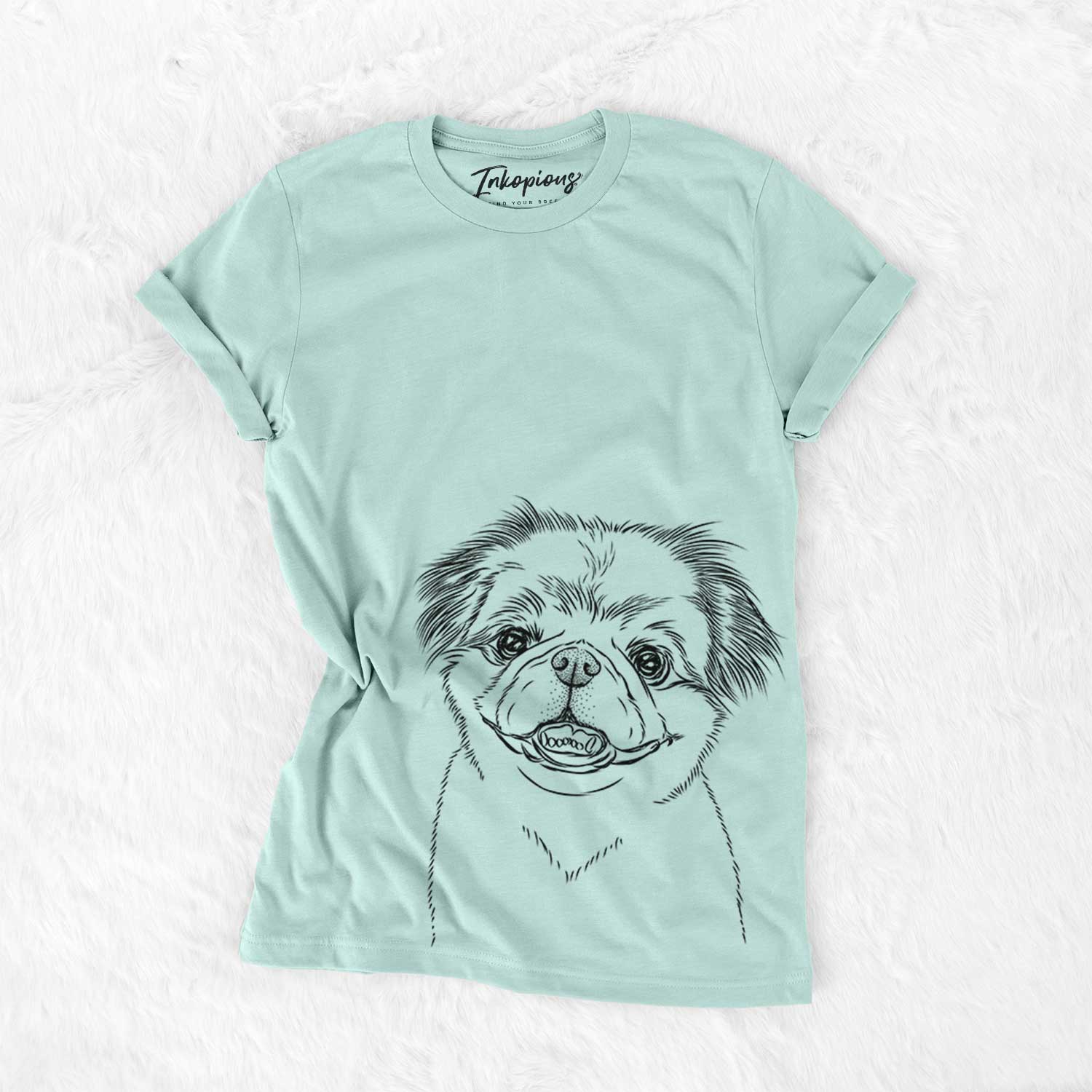 Hand-drawn sketch of Danny the Pekingese on a Heather Sage Bella Canvas Unisex Crewneck