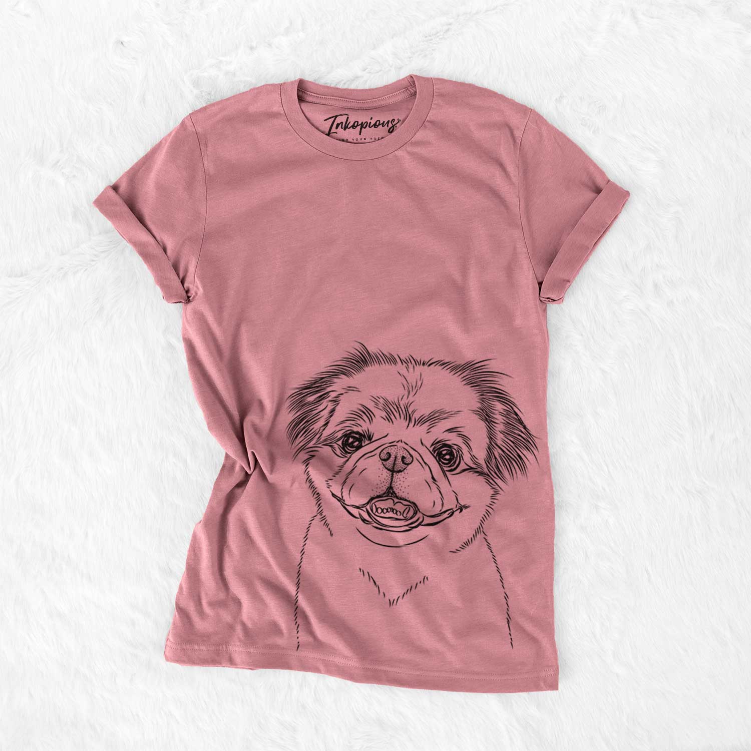Hand-drawn sketch of Danny the Pekingese on a Mauve Bella Canvas Unisex Crewneck