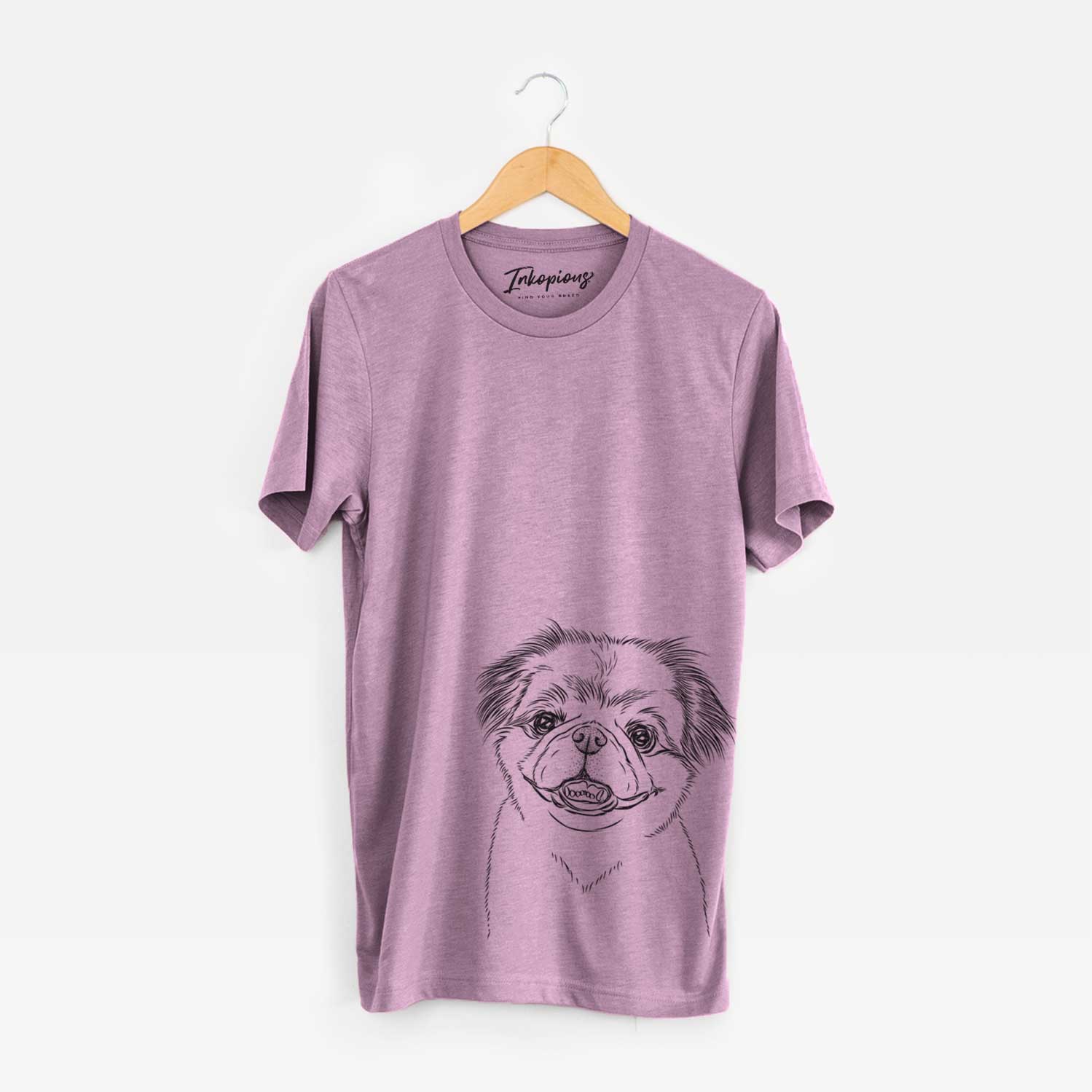 Hand-drawn sketch of Danny the Pekingese on an Orchid Unisex crewneck