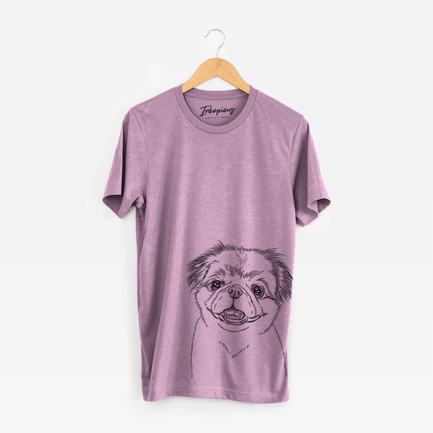 Hand-drawn sketch of Danny the Pekingese on an Orchid Bella Canvas Unisex Crewneck