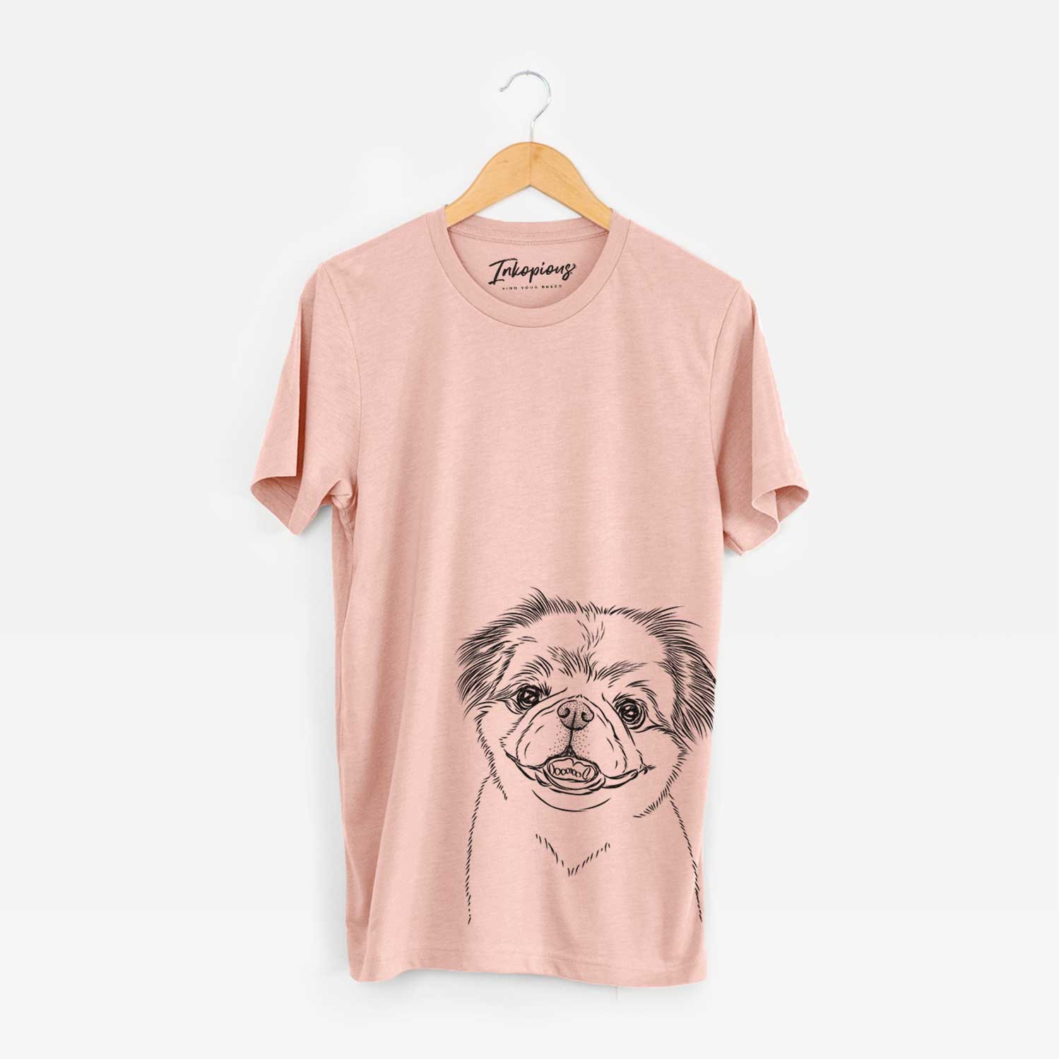 Hand-drawn sketch of Danny the Pekingese on a Peach Bella Canvas Unisex Crewneck