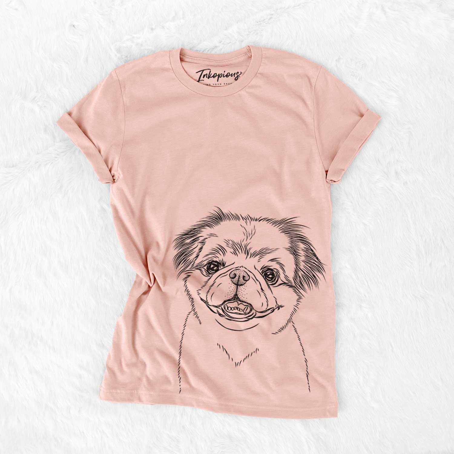 Hand-drawn sketch of Danny the Pekingese on a Peach Bella Canvas Unisex Crewneck