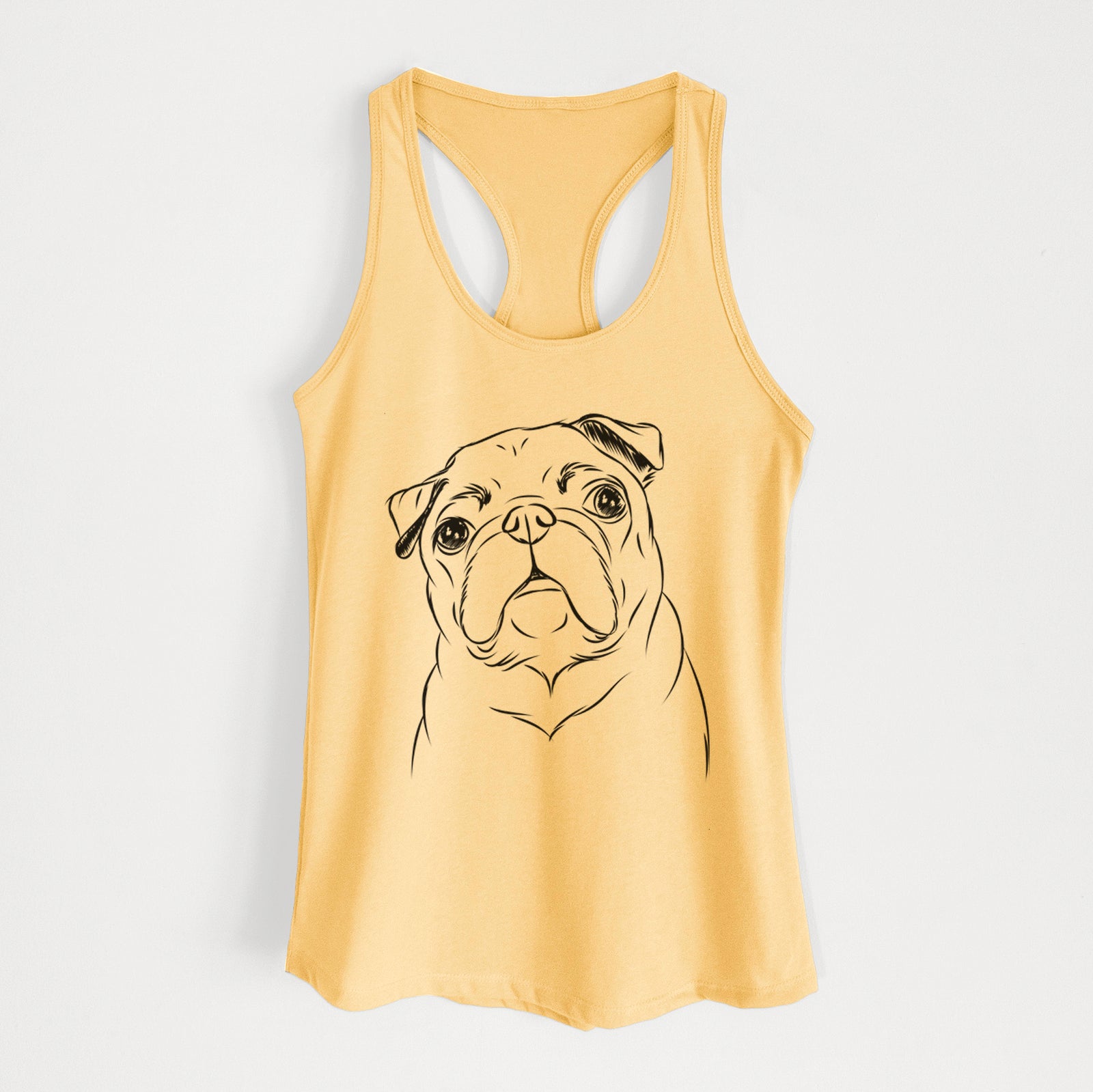 Hand-drawn sketch of Darling Chloe the Pug on a Banana Cream Women's racerback tanktop