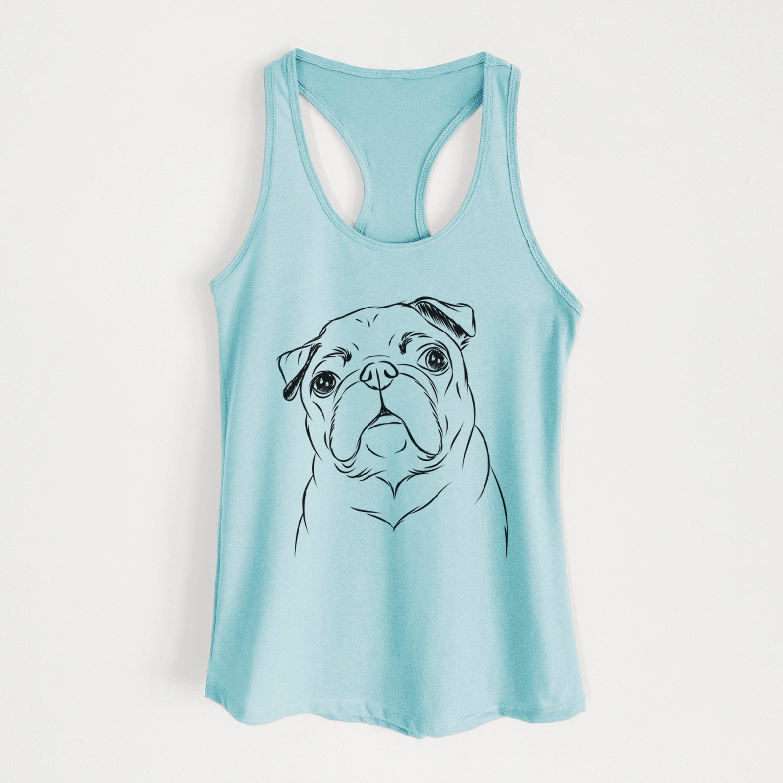Hand-drawn sketch of Darling Chloe the Pug on a Cancun Blue Women's racerback tanktop