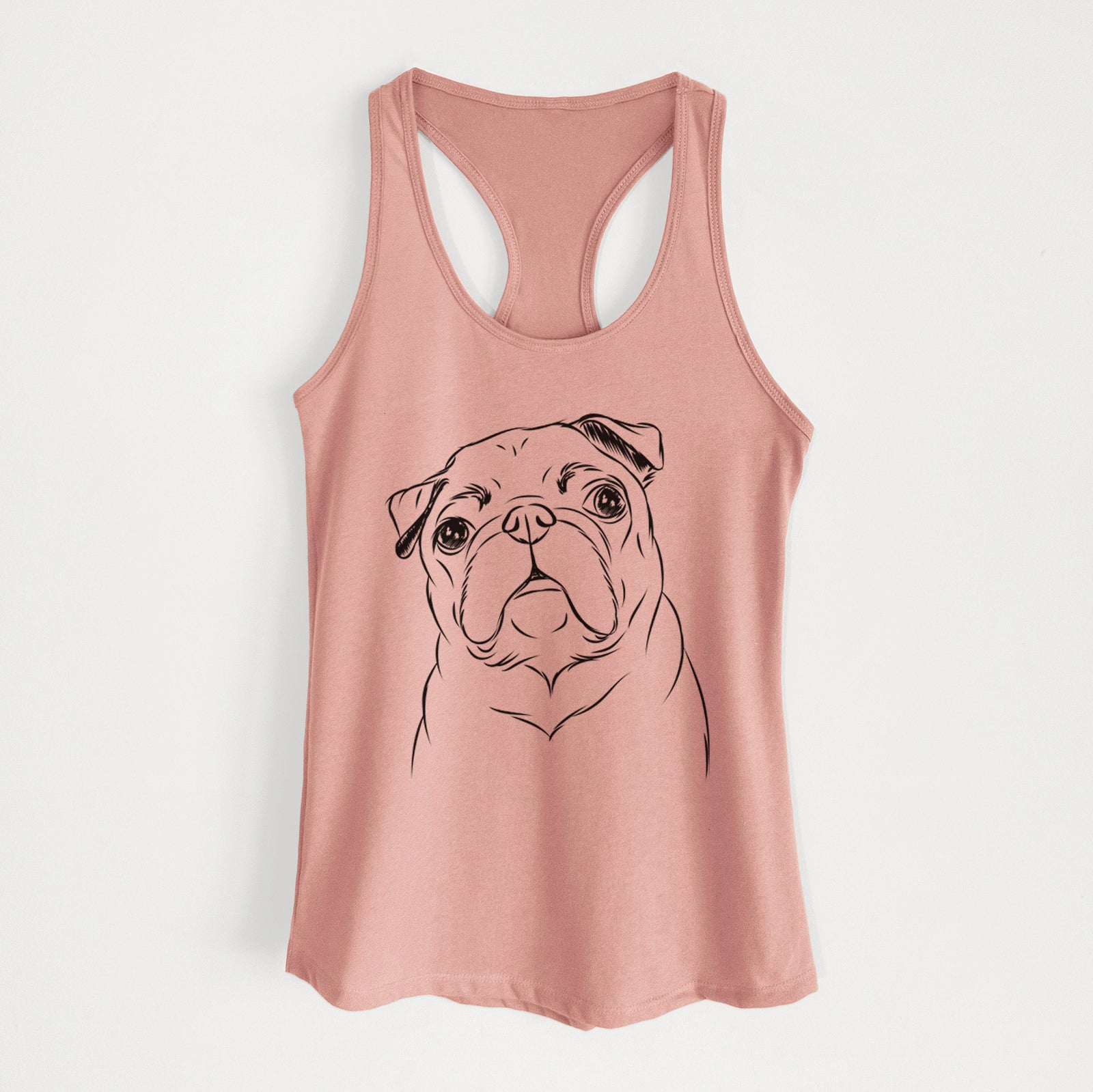 Hand-drawn sketch of Darling Chloe the Pug on a Desert Pink Women's racerback tanktop