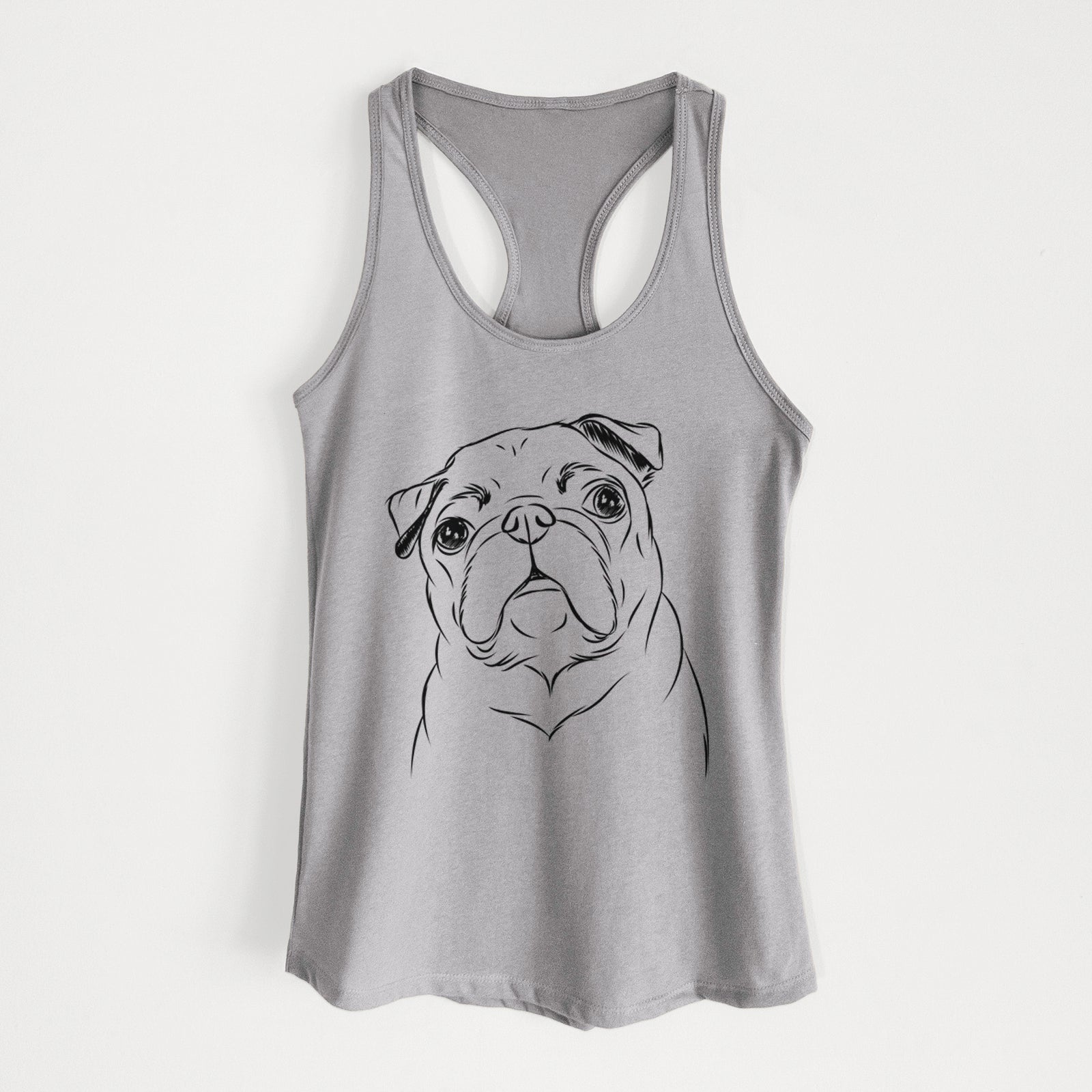 Hand-drawn sketch of Darling Chloe the Pug on a Heather Grey Women's racerback tanktop