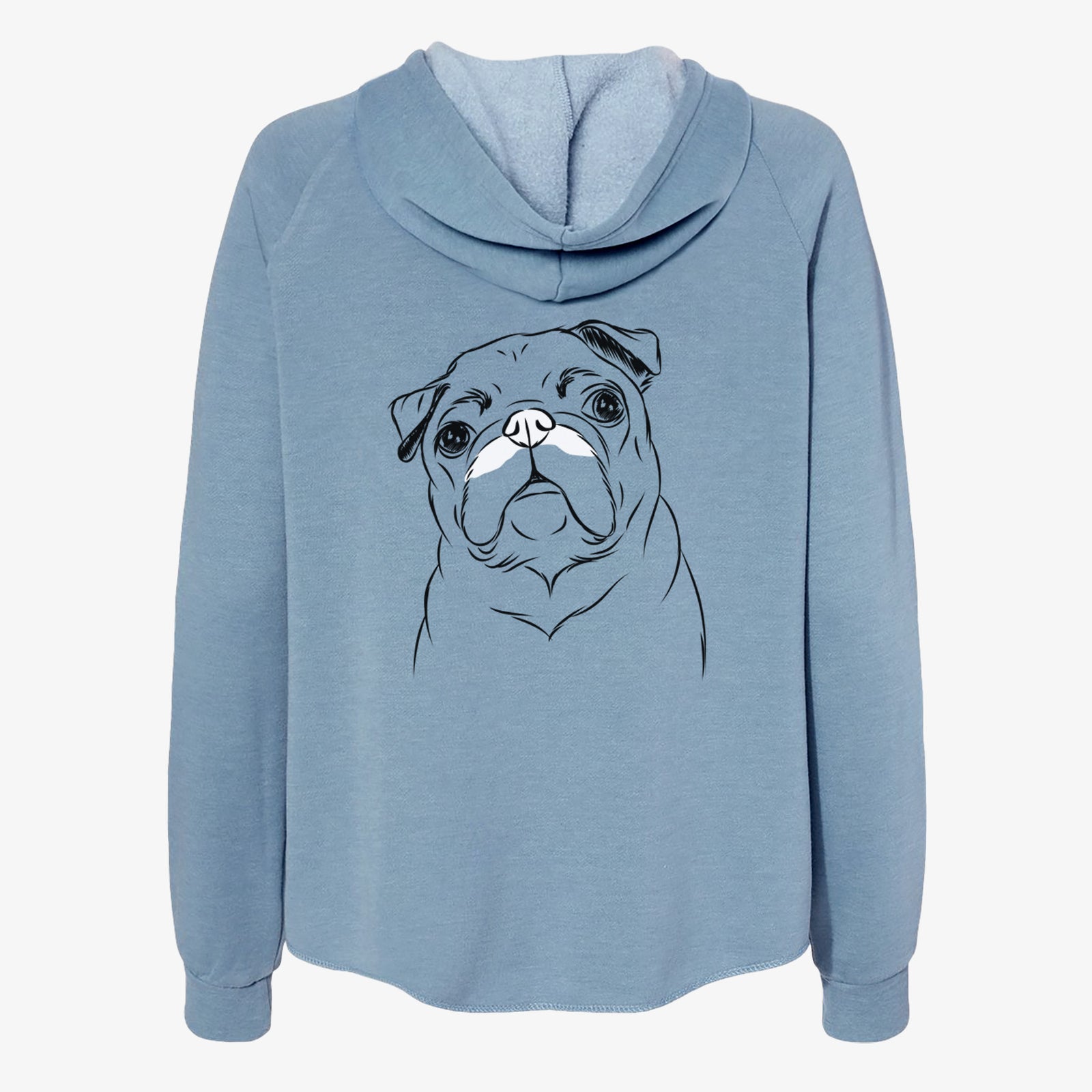 Hand-drawn sketch of Darling Chloe the Pug on a Misty Blue Women's cali wave zip-up sweatshirt