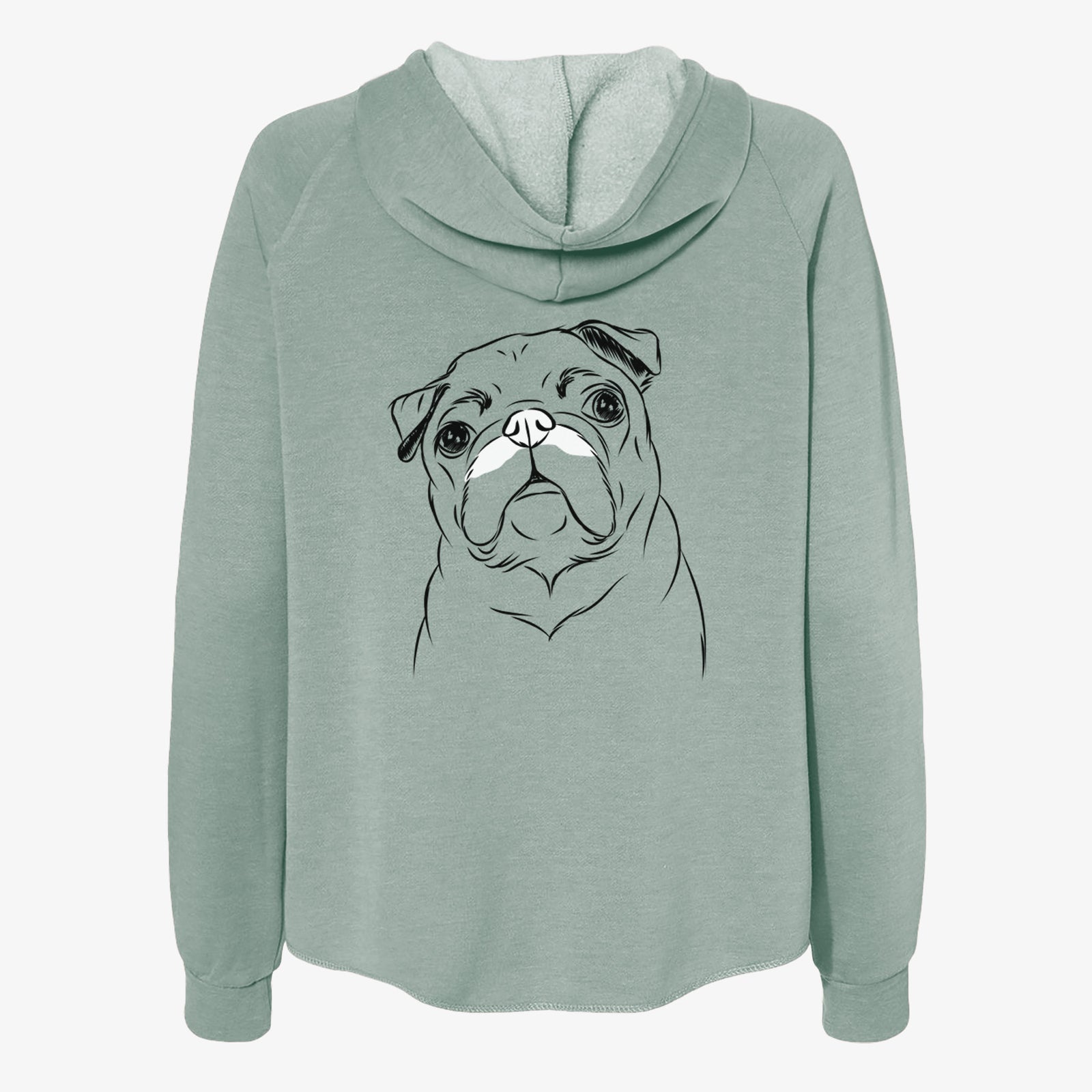 Hand-drawn sketch of Darling Chloe the Pug on a Sage Women's cali wave zip-up sweatshirt