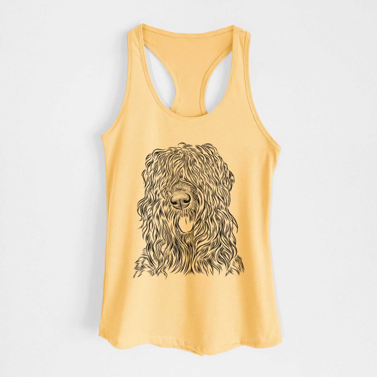 Hand-drawn sketch of Darryl the Black Russian Terrier on a Banana Cream Women's racerback tanktop