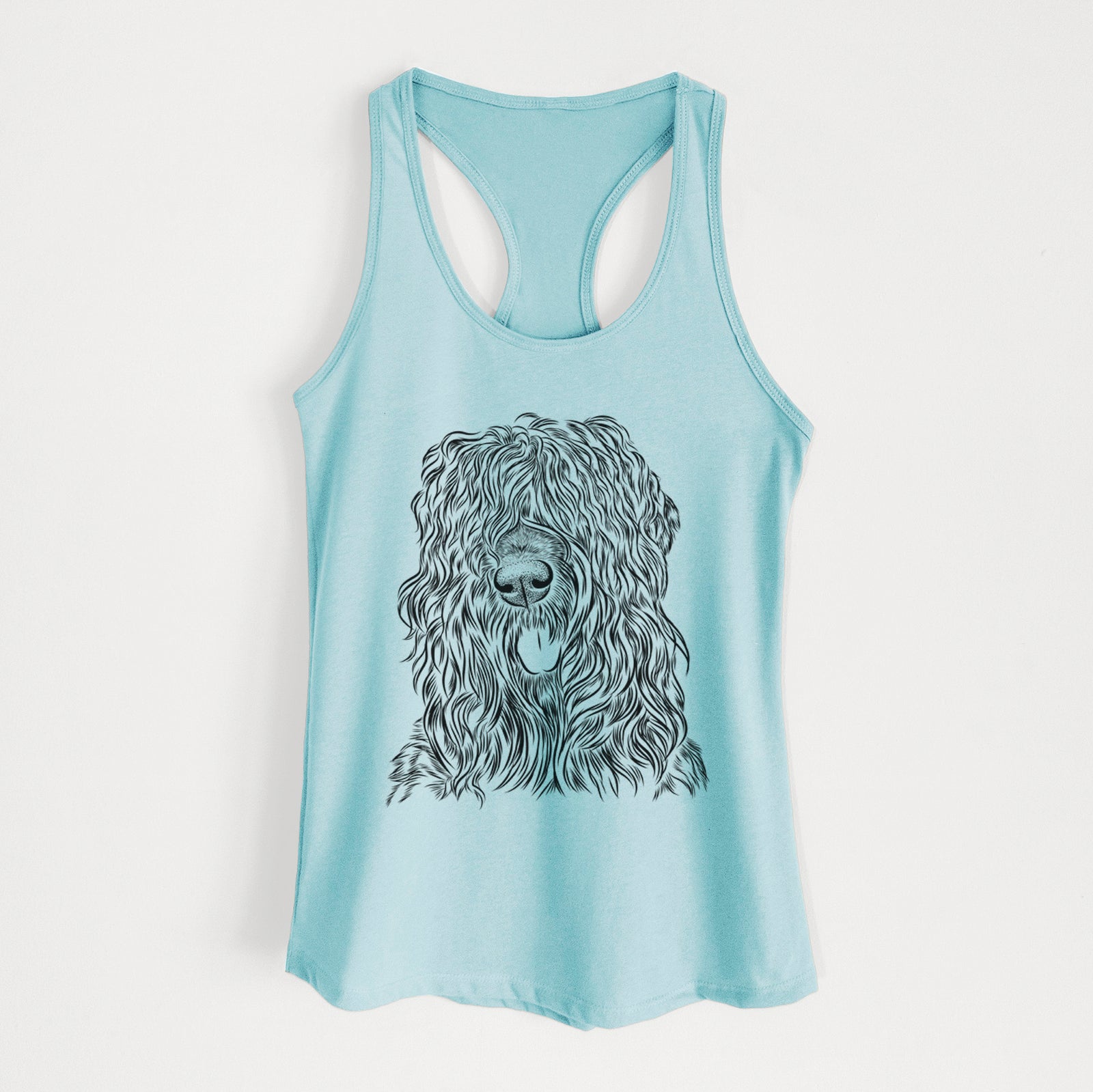 Hand-drawn sketch of Darryl the Black Russian Terrier on a Cancun Blue Women's racerback tanktop